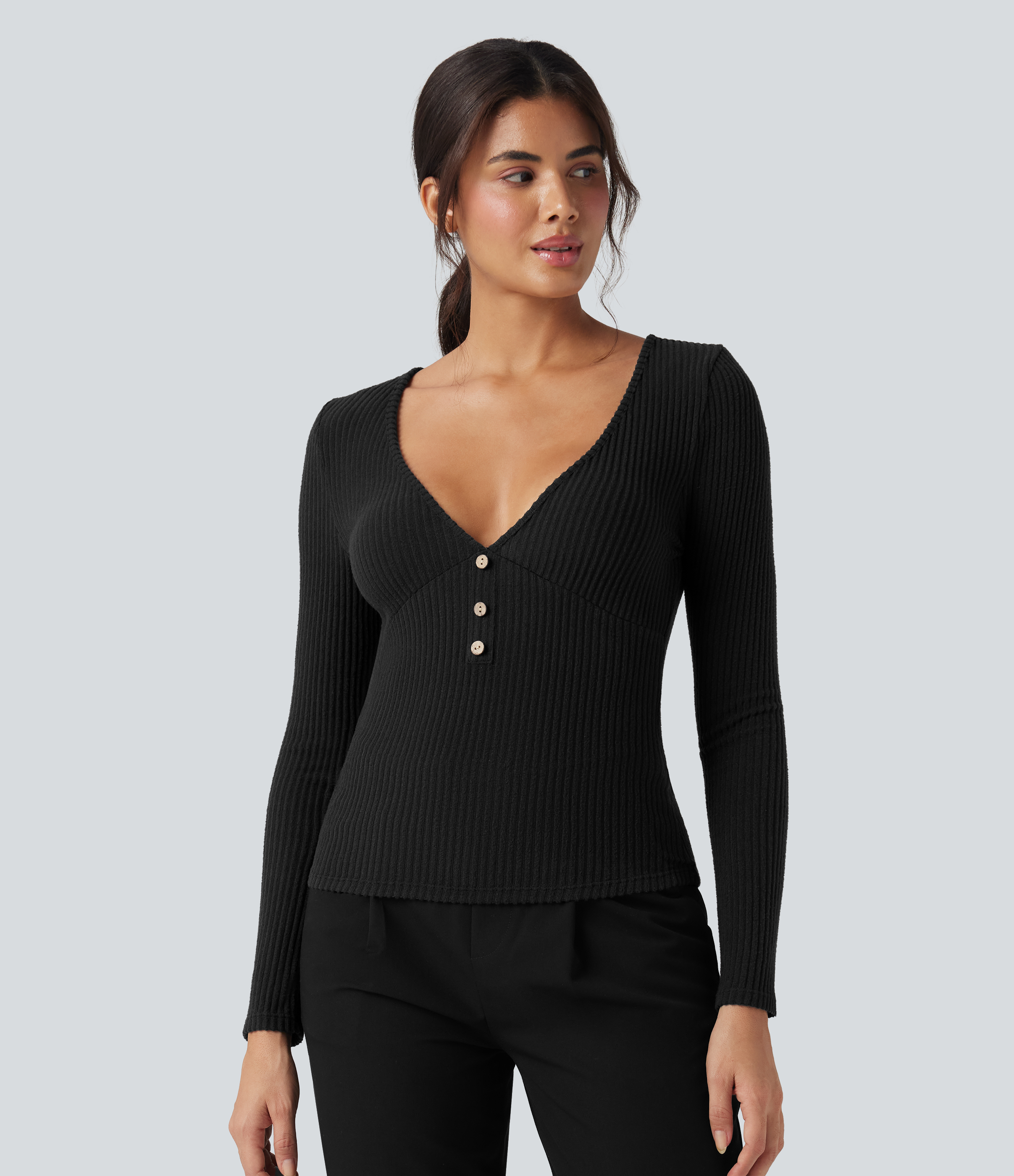 Negro Top casual ajustado  jaspeado de manga larga de punto acanalado con cuello en V / 1