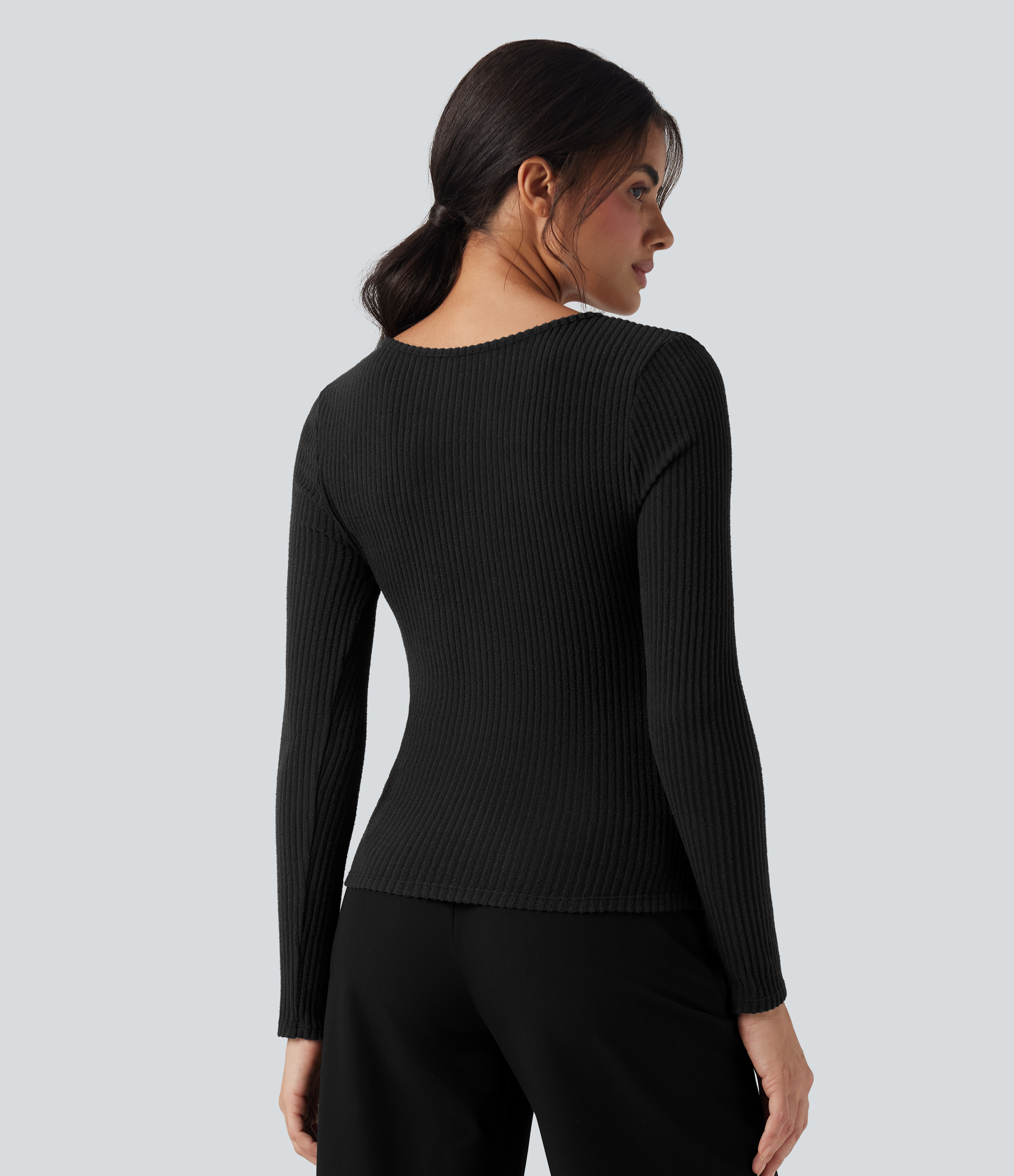 Negro Top casual ajustado  jaspeado de manga larga de punto acanalado con cuello en V / 2