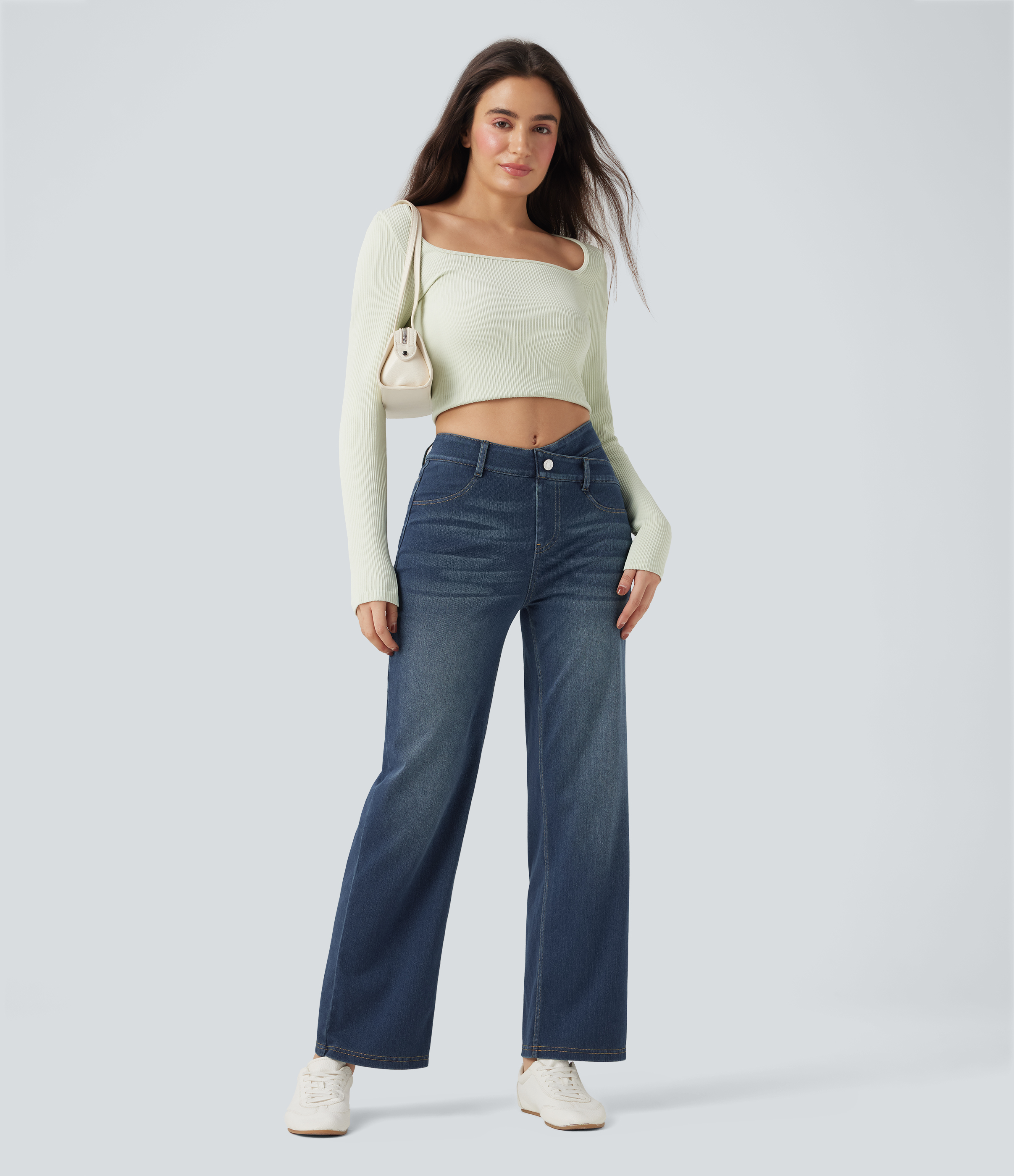 Jeans casuales rectos Halara Flex™ de tiro medio cruzado con control de abdomen y bolsillos