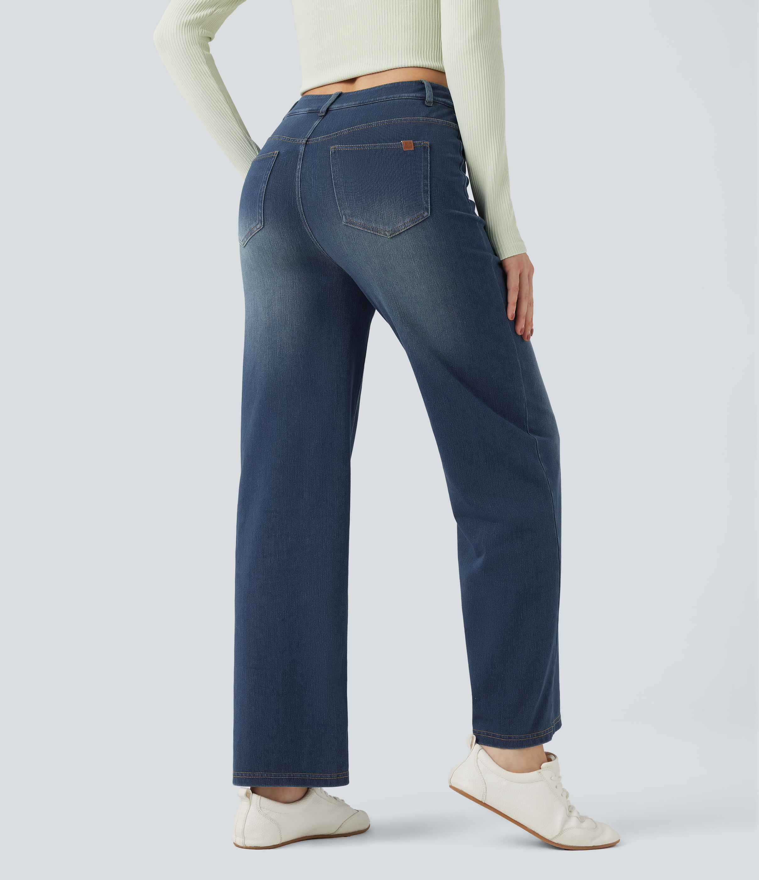 Blue Surf Denim Jeans casuales rectos Halara Flex™ de tiro medio cruzado con control de abdomen y bolsillos / 2