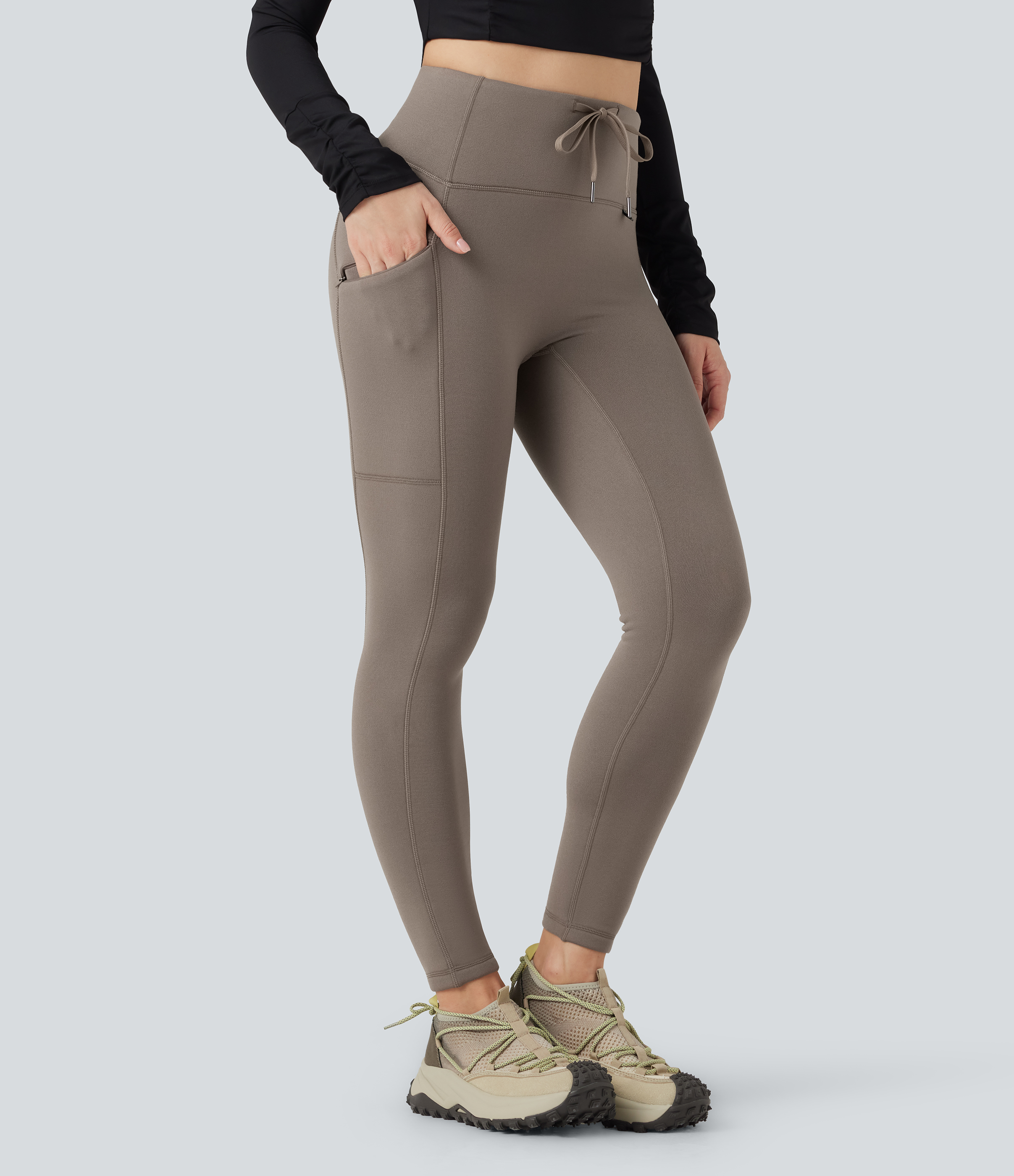 High Waisted Drawstring Fleece 7/8 Hiking Leggings with Pocket