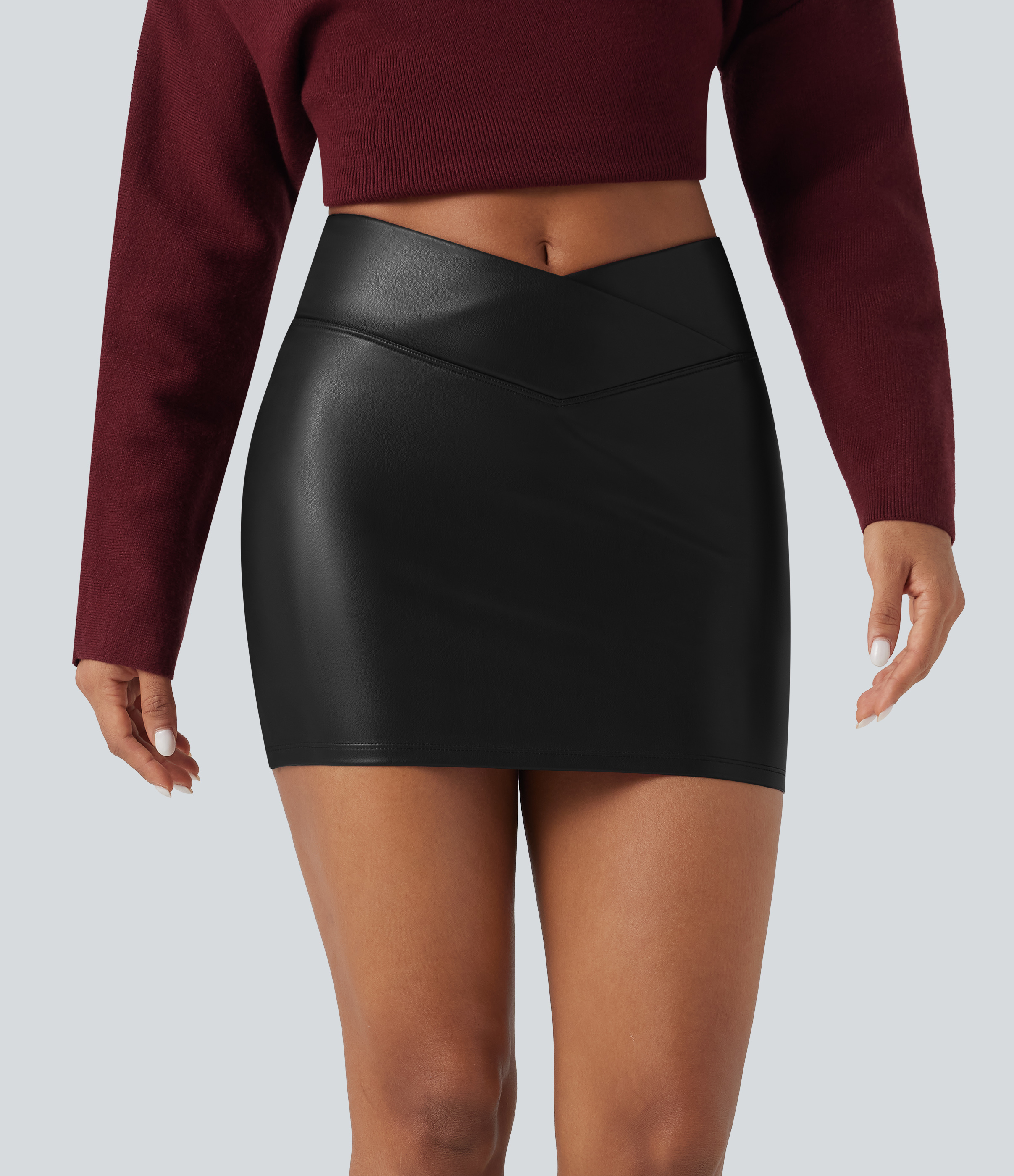 High Waisted Crossover 2-in-1 Bodycon Mini Fleece Casual PU Leather Skirt