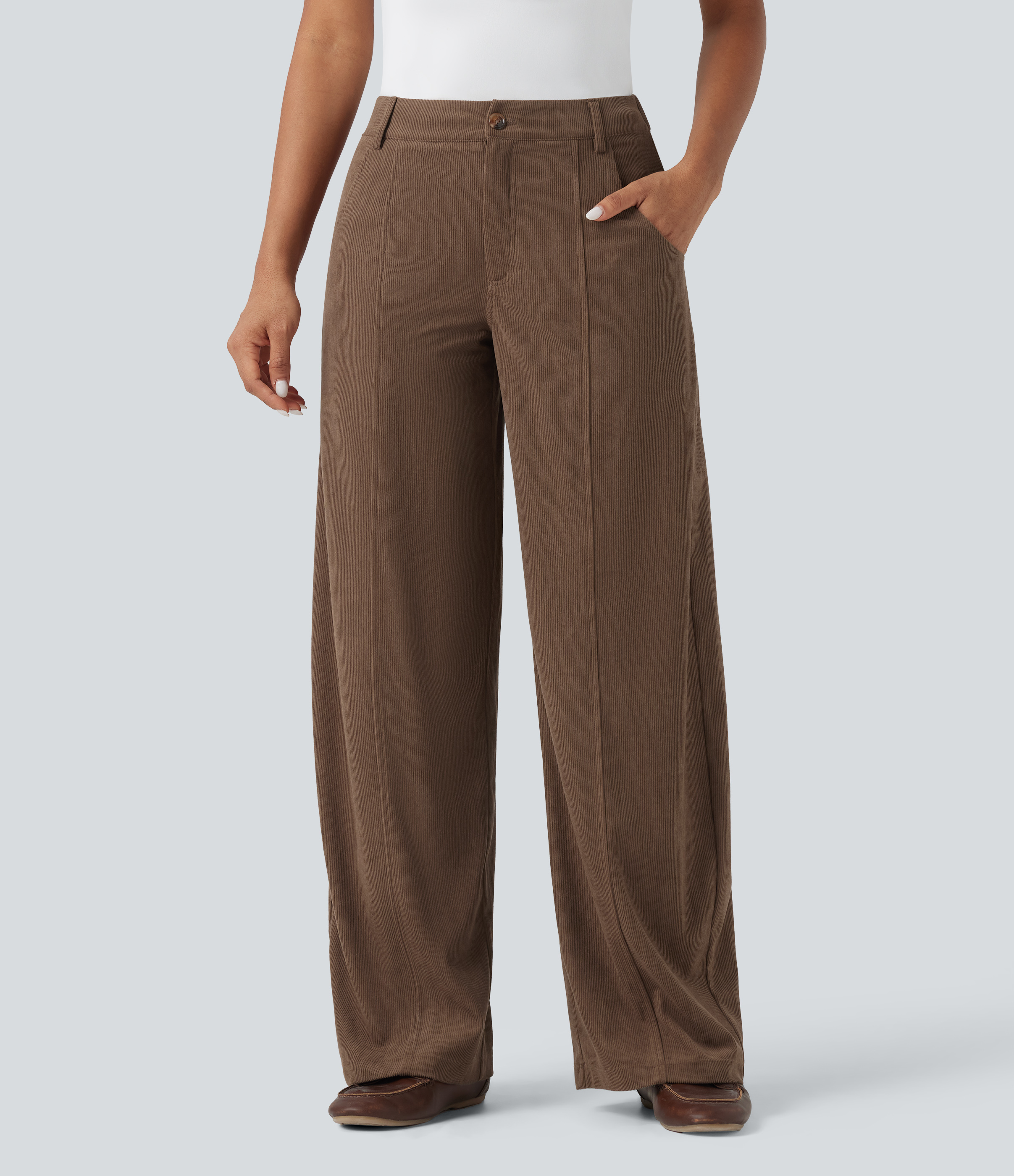Camellia Brown Pantalones casuales anchos de pana y tiro alto con bolsillos / 2
