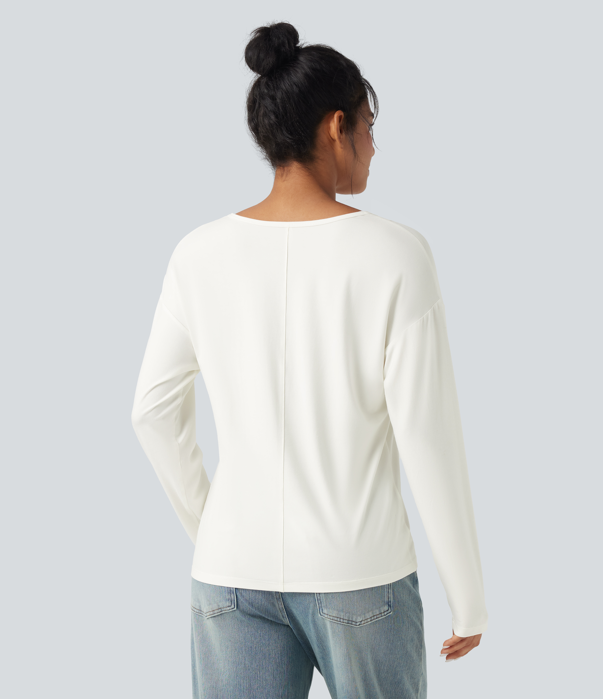 Blanco Top casual de manga larga con cuello en V / 2