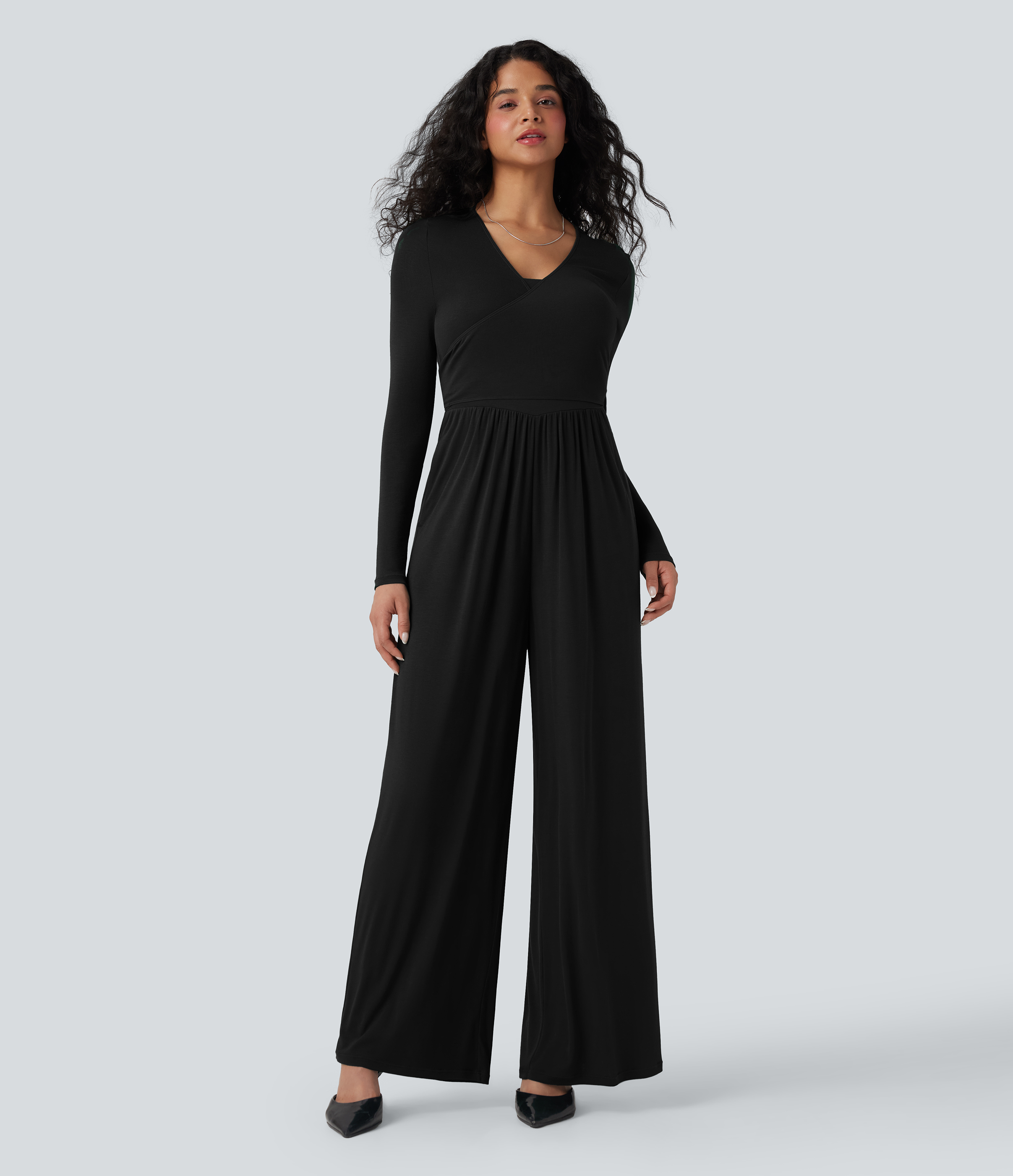 Ribbed V Neck Wrapped Tie Back Long Sleeve Wide Leg Casual Jumpsuit with Pockets-Easy Peezy Edition