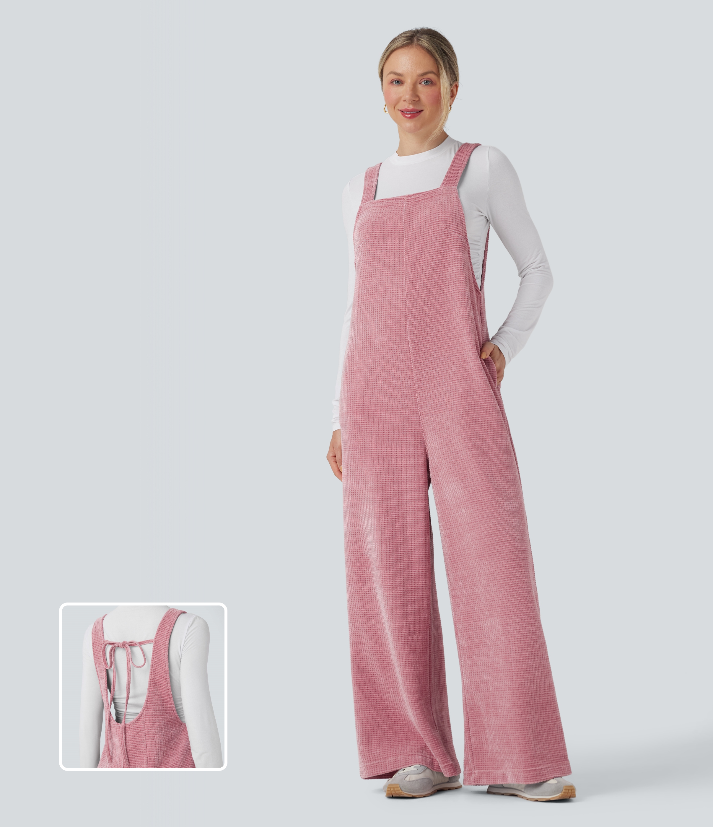 Jumpsuit casual de chenilla con lazo en la espalda y bolsillos