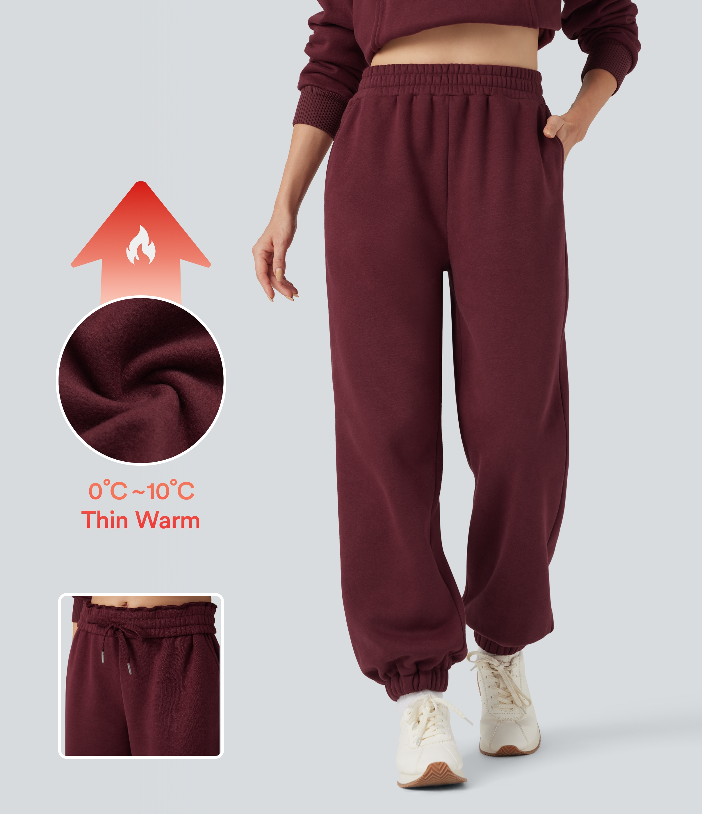 Lässige Fleece-Jogginghose mit hohem Umschlagbund, Seitentaschen und Kordelzug