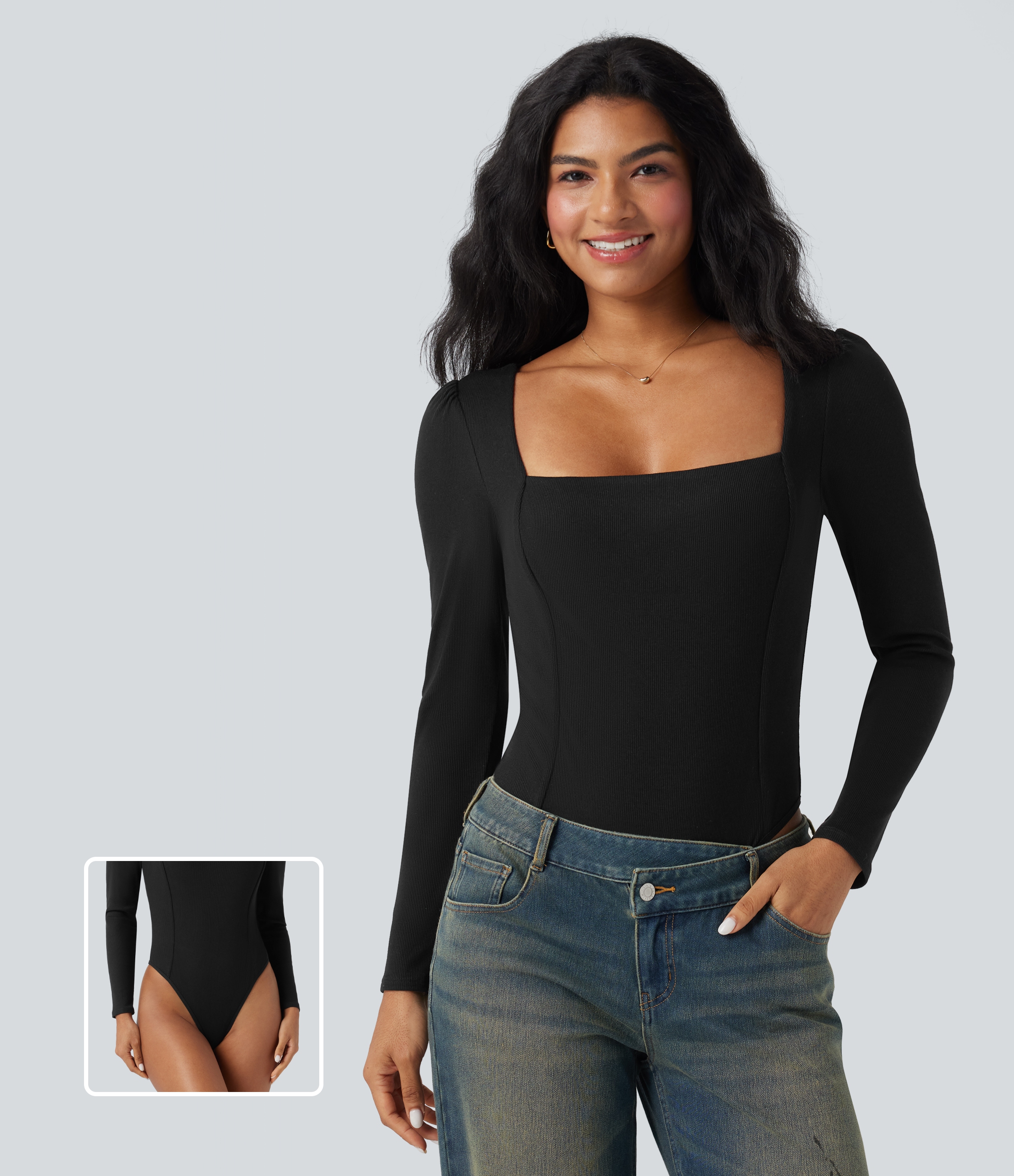 Negro Body casual ajustado acanalado de manga larga con cuello cuadrado / 1