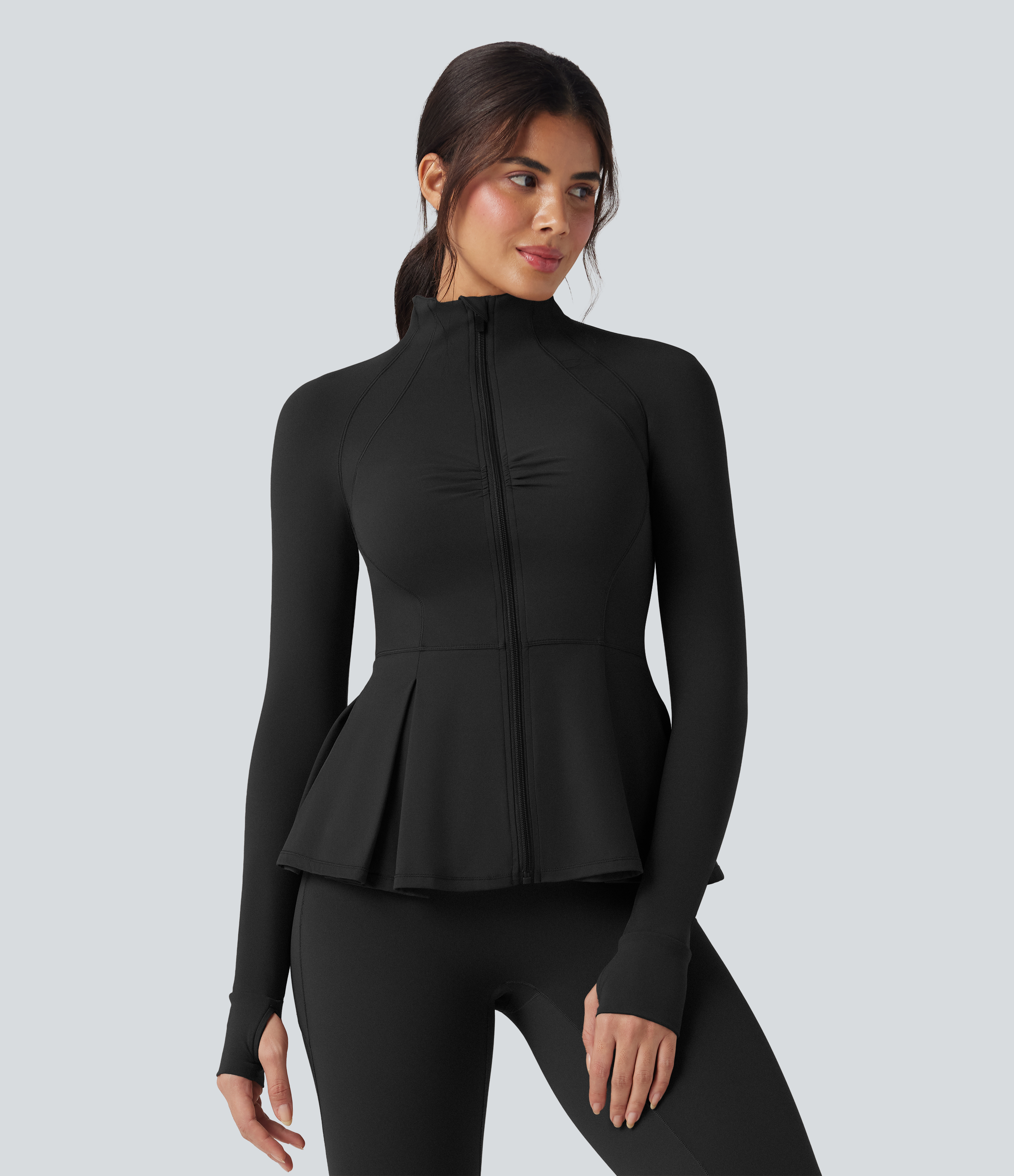 Veste de yoga ajustée SoftlyZero™ Plush col montant à trous pouces froncée ourlet plissé