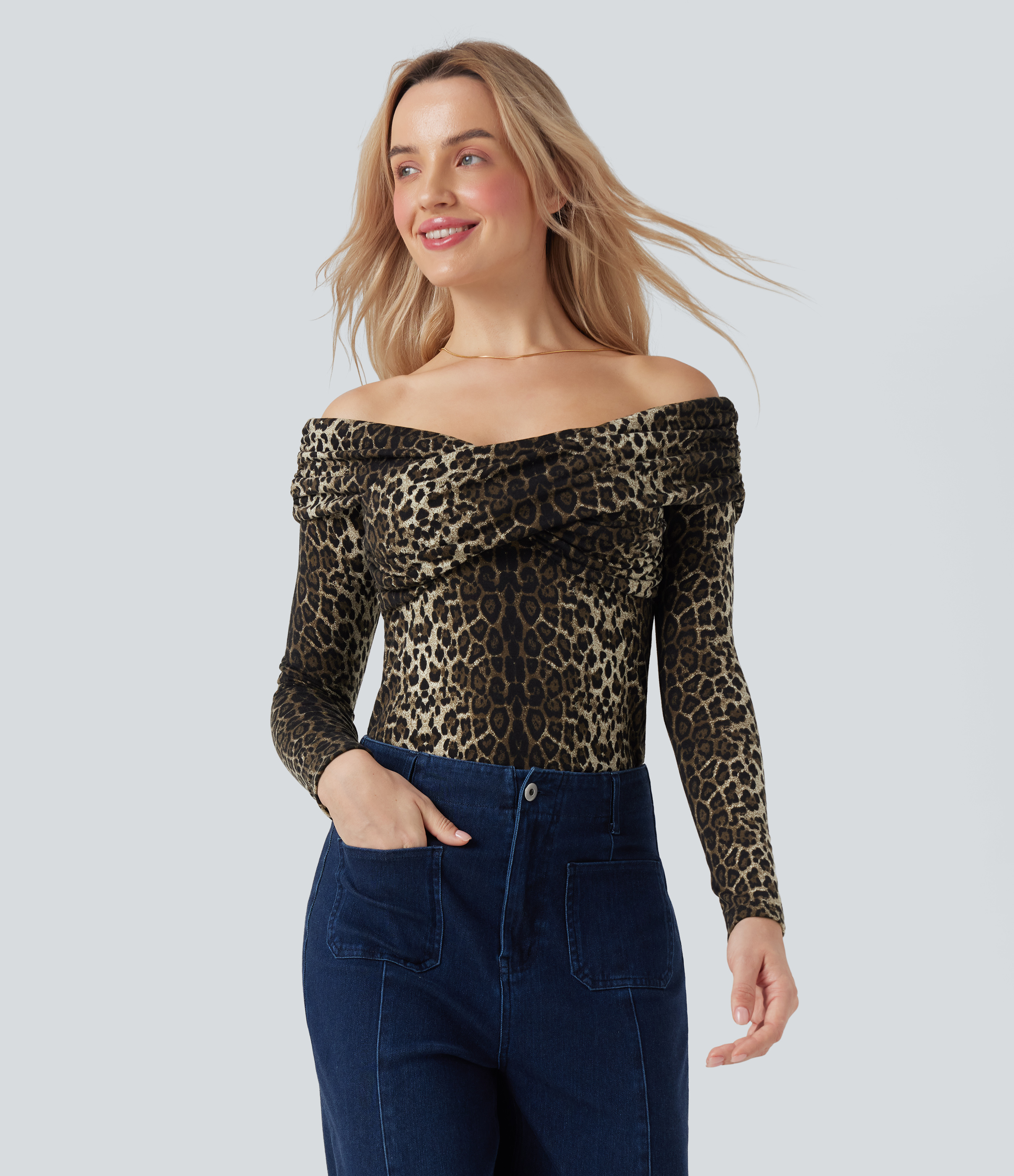 Classic Leopard Twill Top épaules dénudées manches longues imprimé léopard / 1