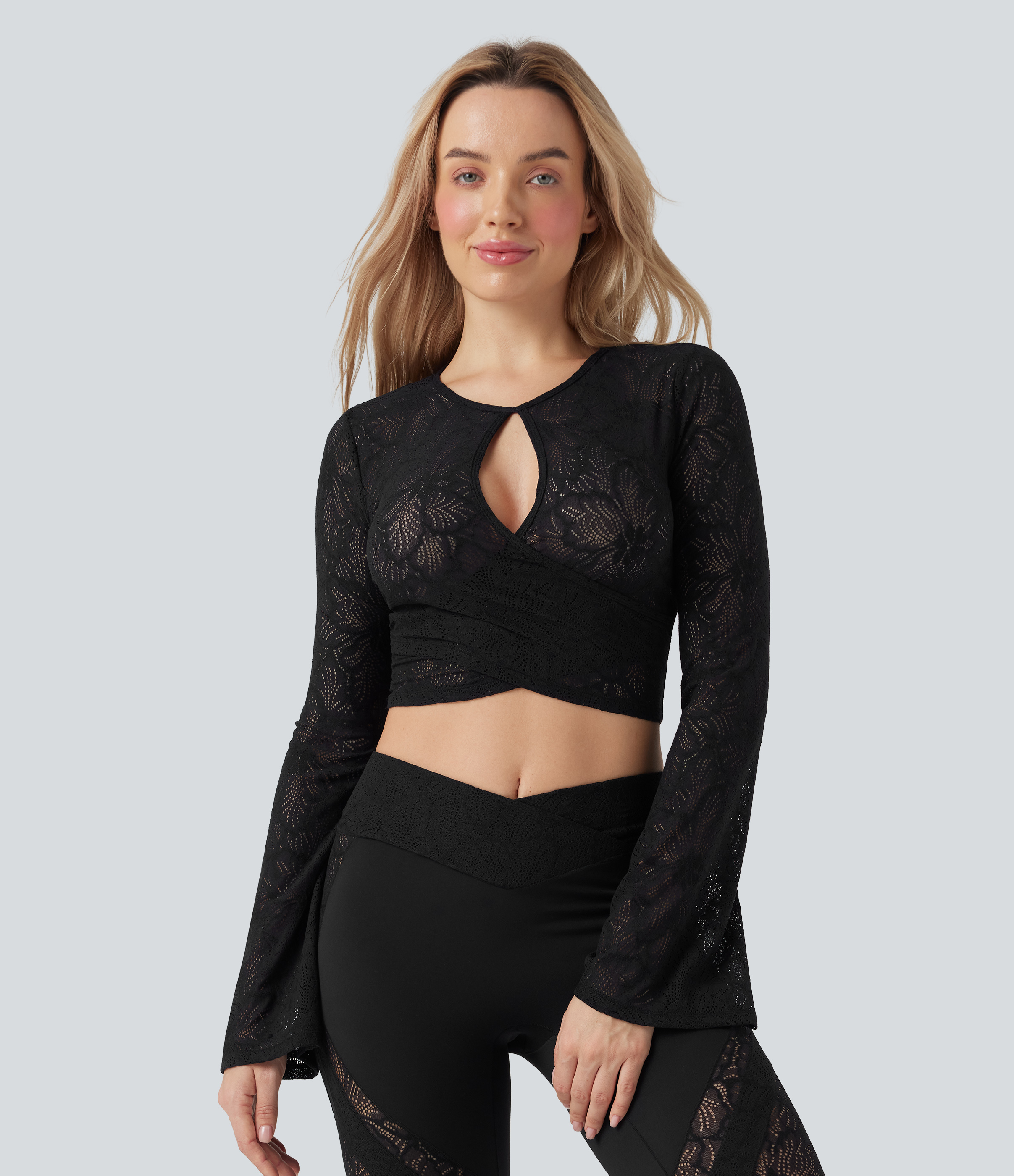 Round Neck Long Flounce Sleeve Cut-out Sheer Lace Yoga Sports Top