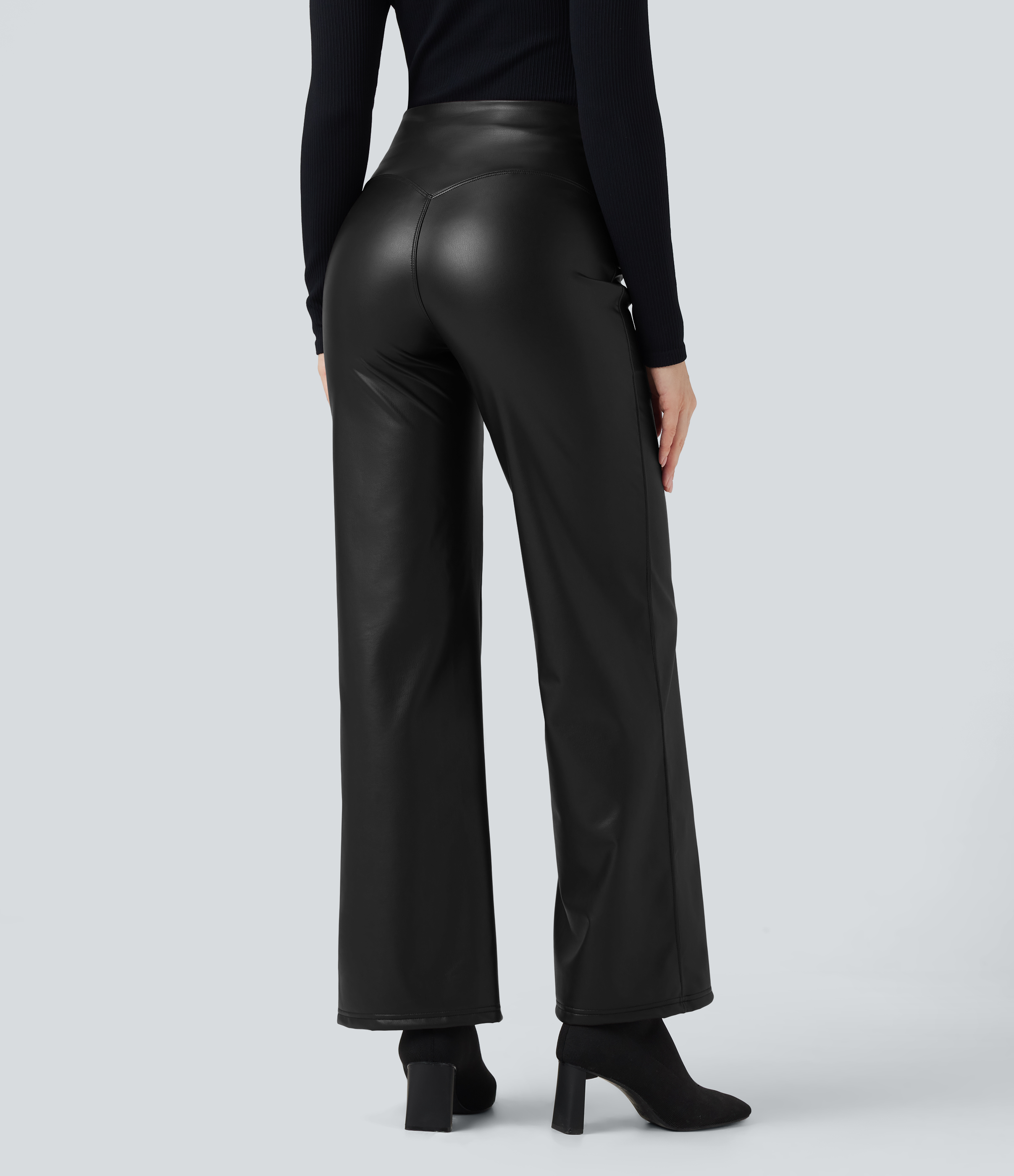 Black High Waisted Tummy Control Stretchy PU Fleece Casual Flare Trousers with Pockets / 2