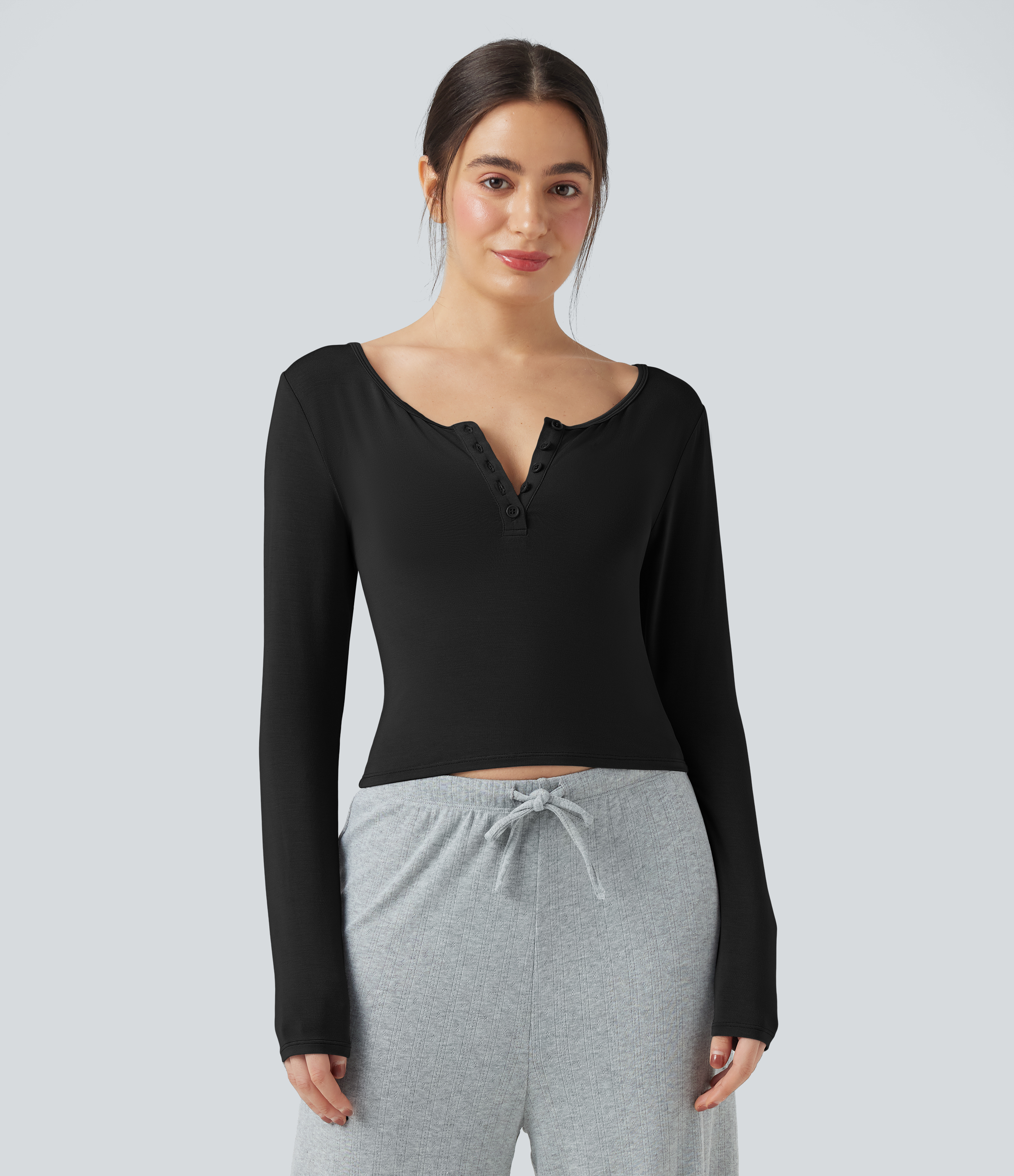 Henley Neck Long Sleeve Lounge Top