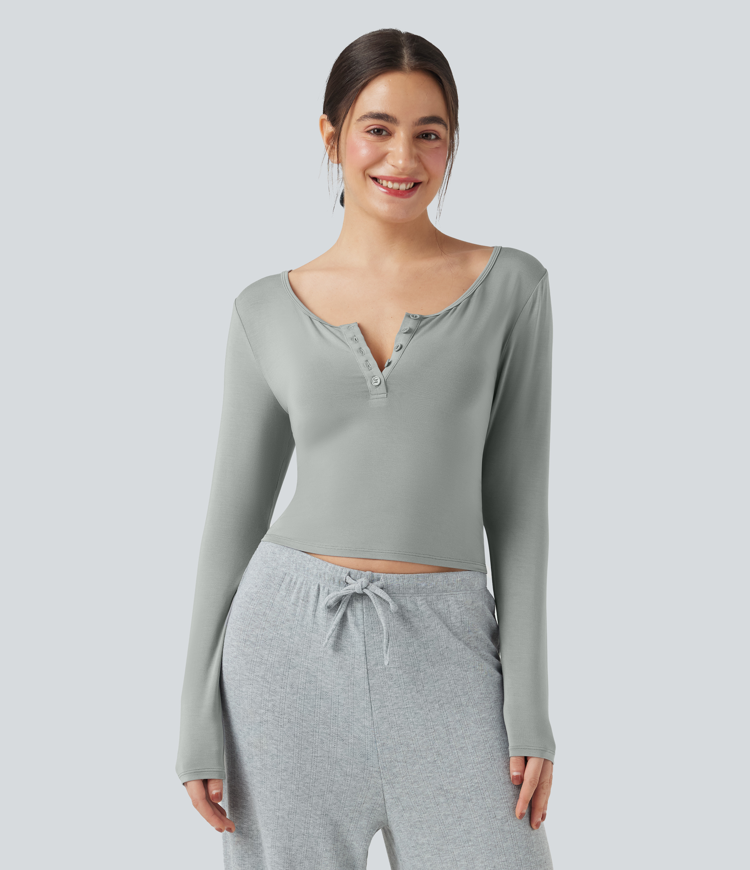 Henley Neck Long Sleeve Lounge Top