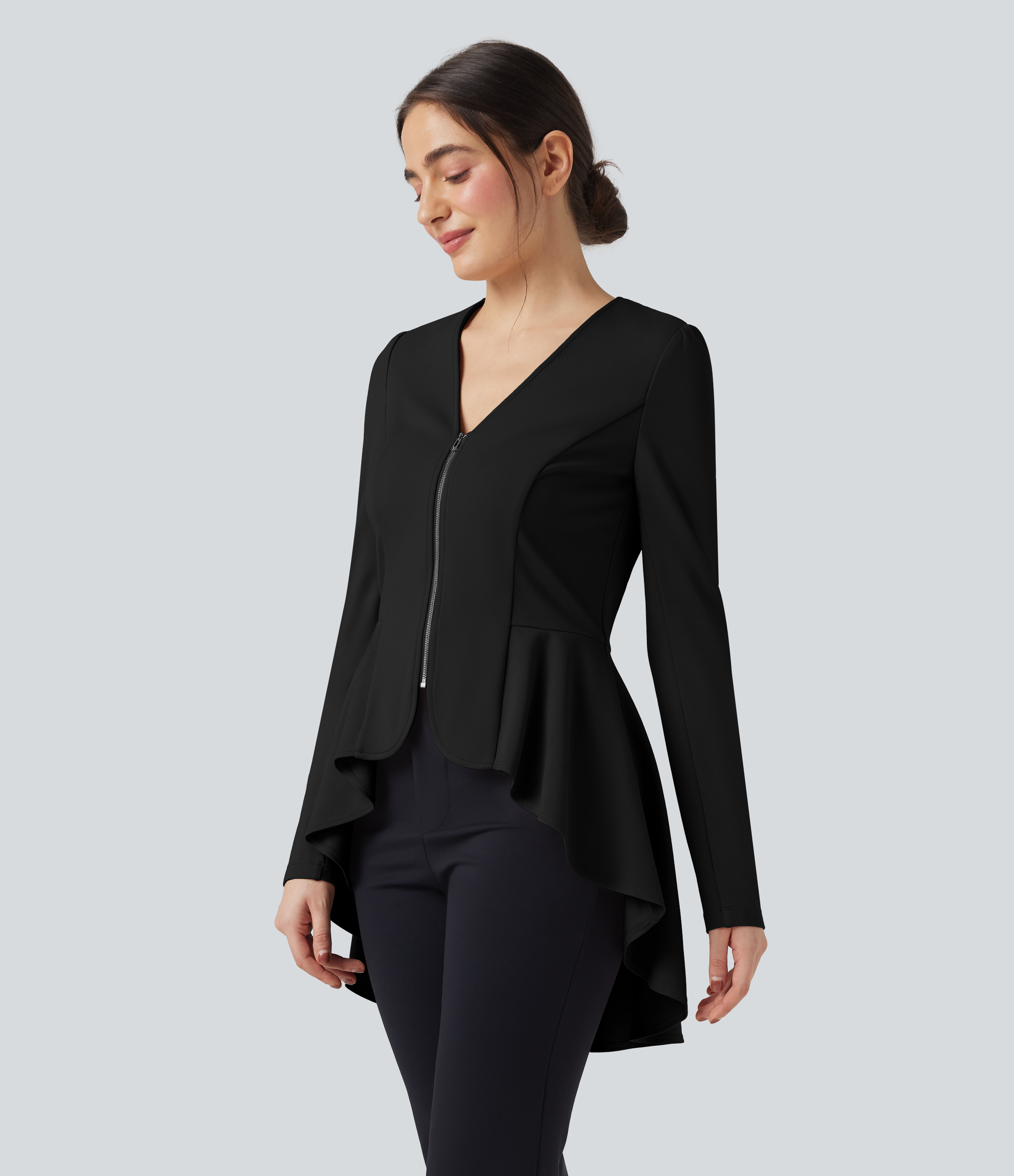 Manteau de travail col V ourlet à volants à manches longues