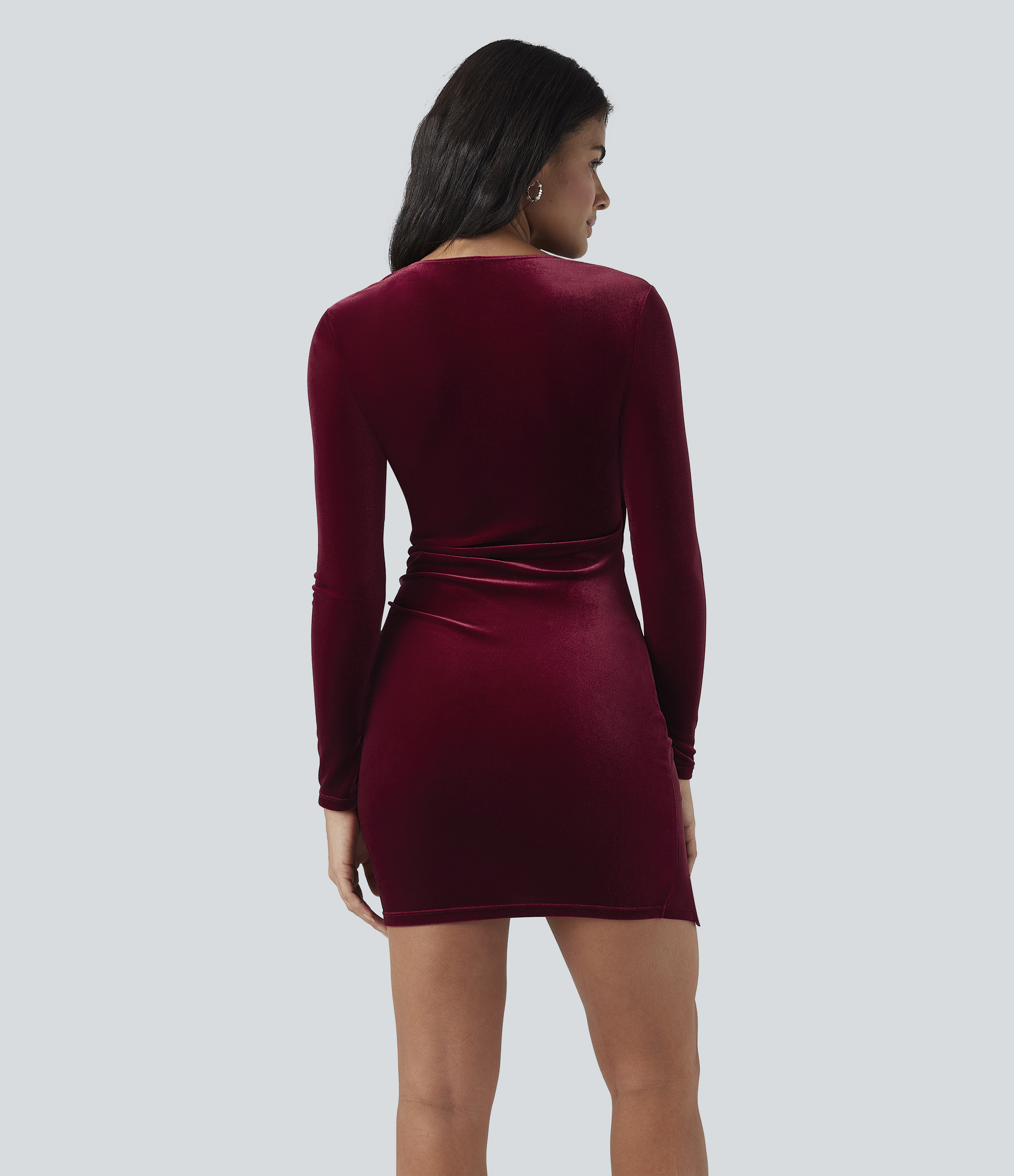 Sangria Deeo V-Ausschnitt, langärmelige, geraffte Samt-Mini-Bodycon-Kleider / 2