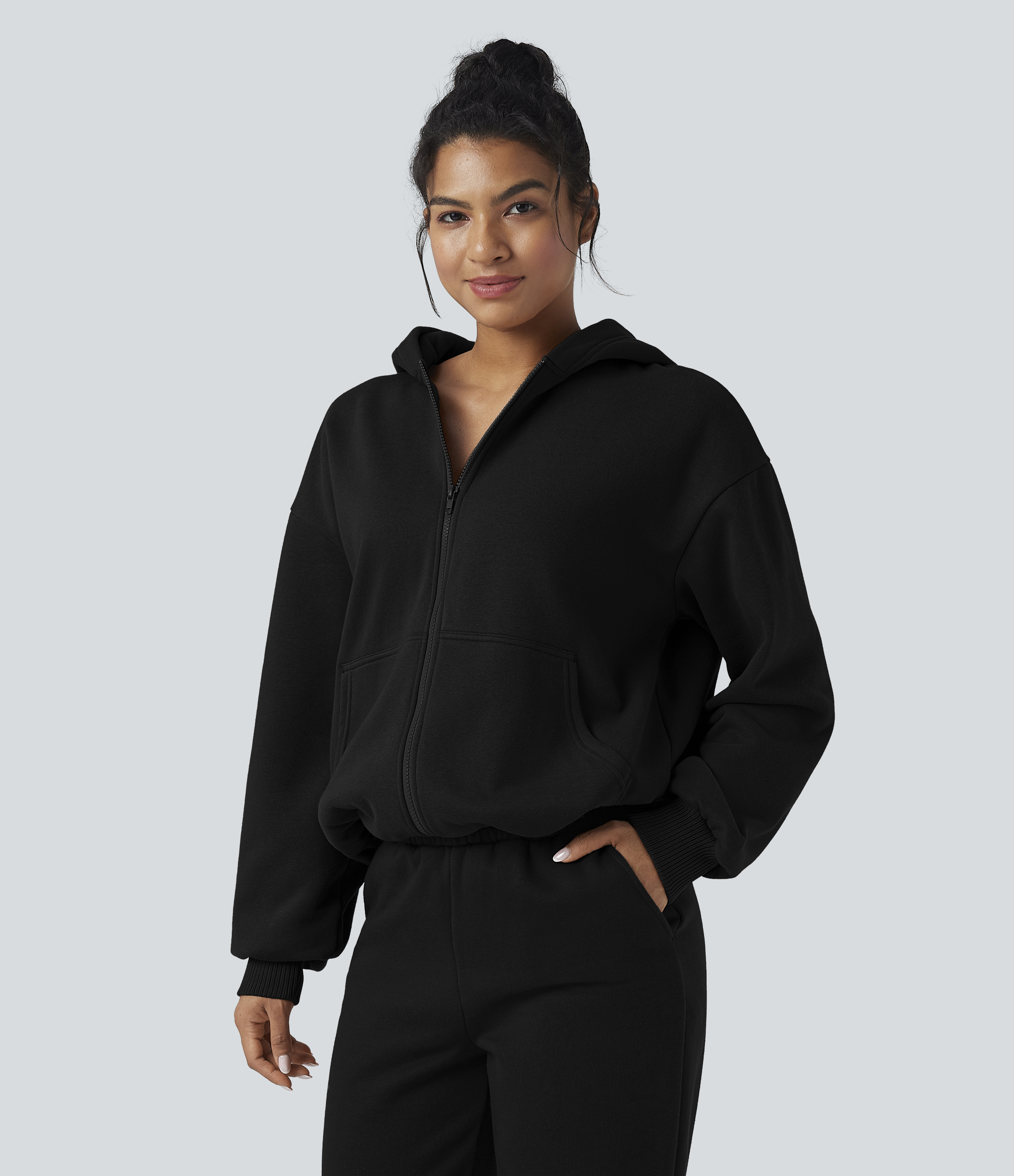 Hooded Zip Fly Fleece Casual Sweatshirt with Pockets