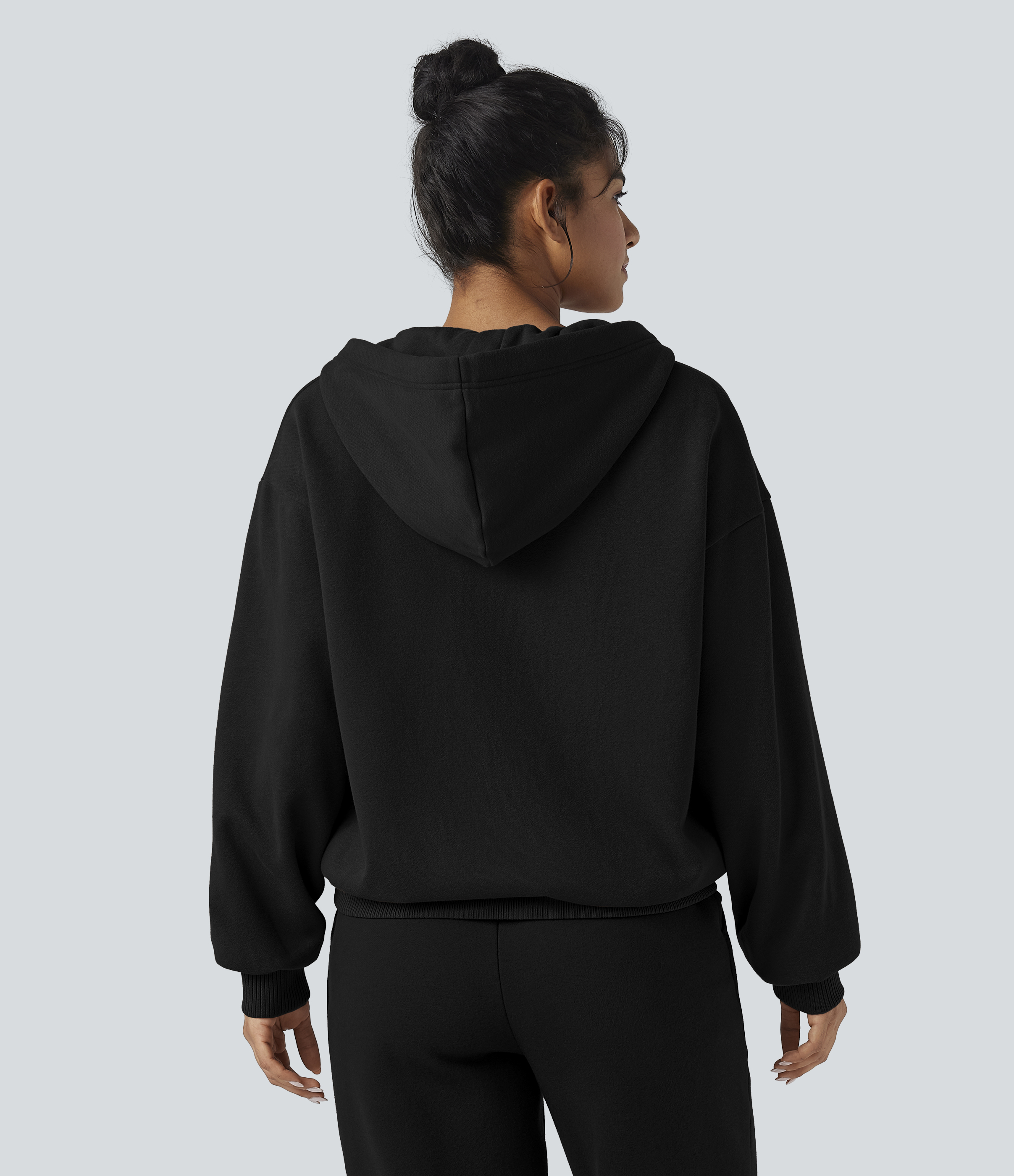 Black Casual fleece sweatshirt with multiple pockets, a hood, and a zipper / 2