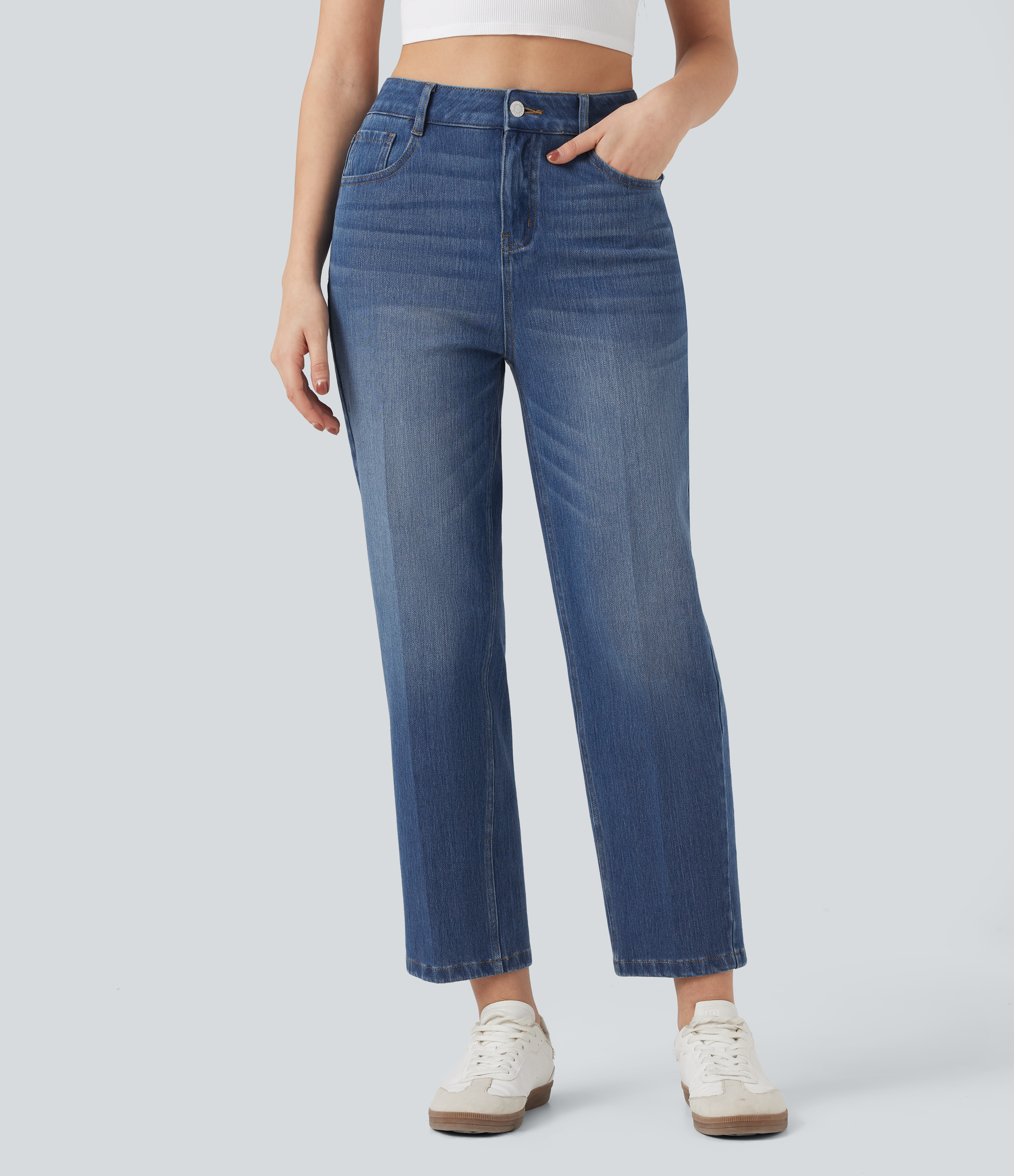 Tide Blue Denim Jeans casuales rectos  Halara Flex™ de tiro alto y bolsillos en largo 7/8 / 1