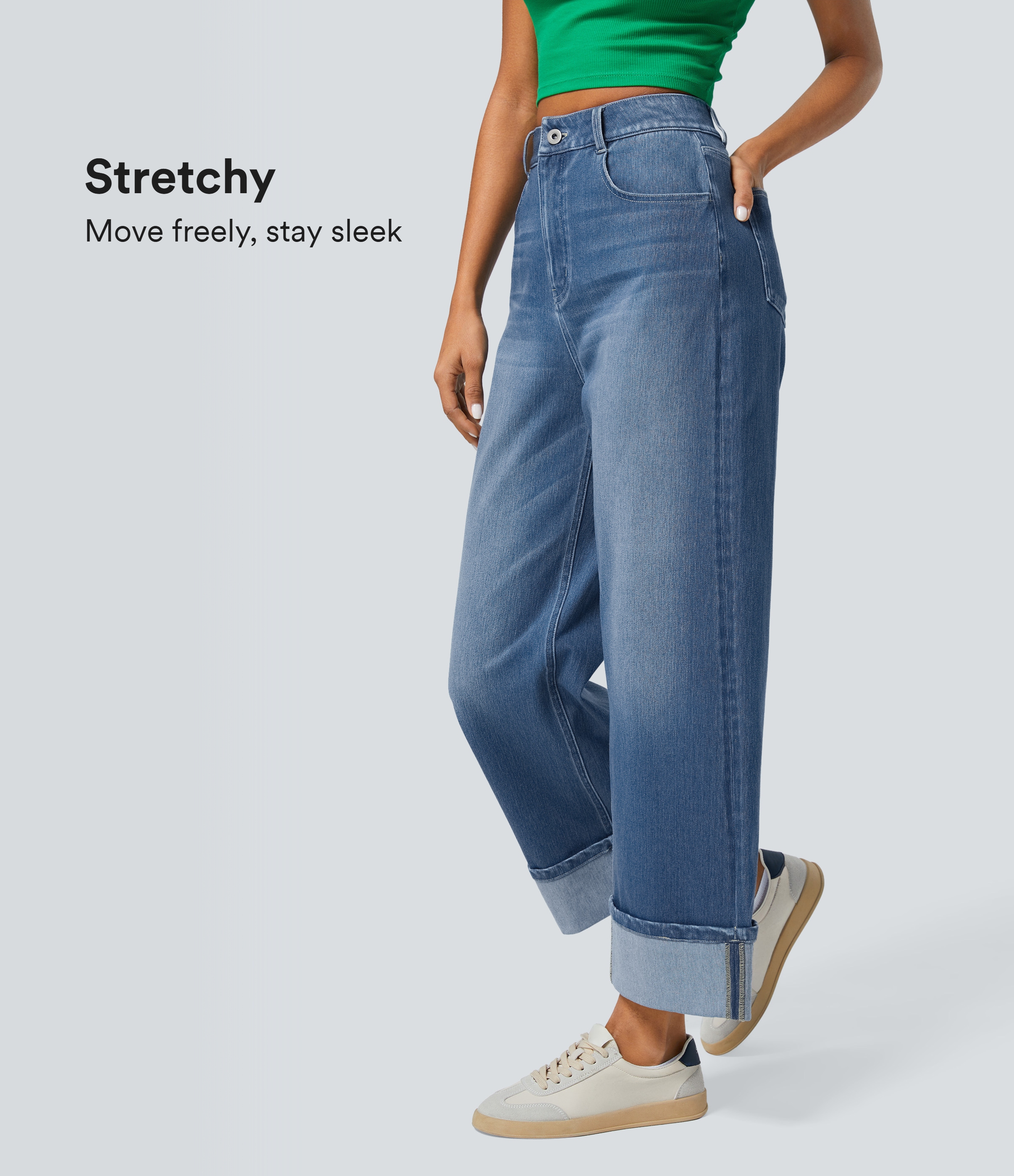 Halara Flex™ High-Waisted Multiple Pocket Rolled Hem Wide Washed Stretch Knit Casual Jeans