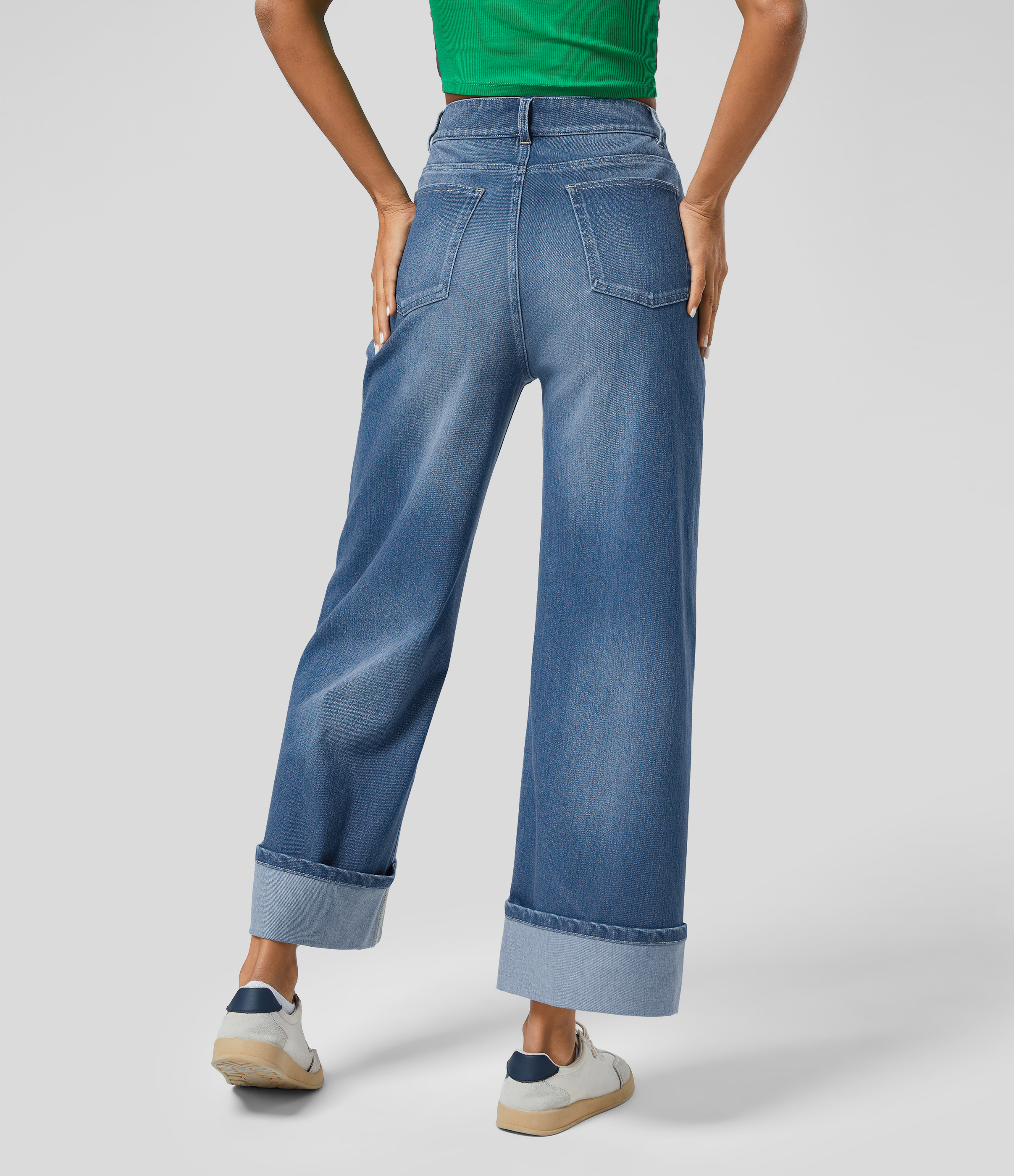 Blue Spruce Denim Halara Flex™ ハイウエスト マルチポケット ロールヘム ワイドレッグ ウォッシュ加工 ストレッチニット カジュアルジーンズ / 2