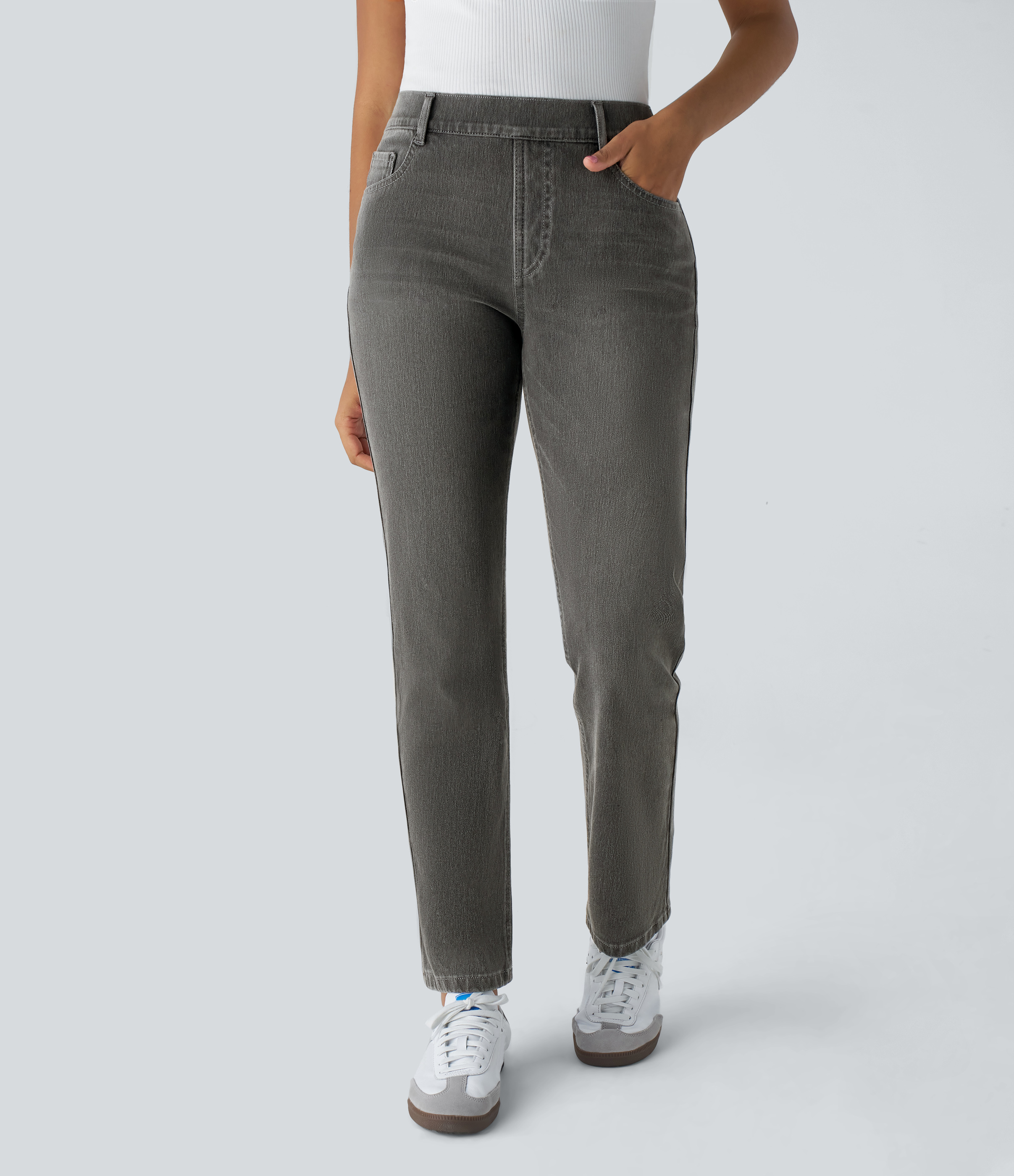 Jean décontracté Halara Flex™ taille haute, poches, coupe droite, délavé