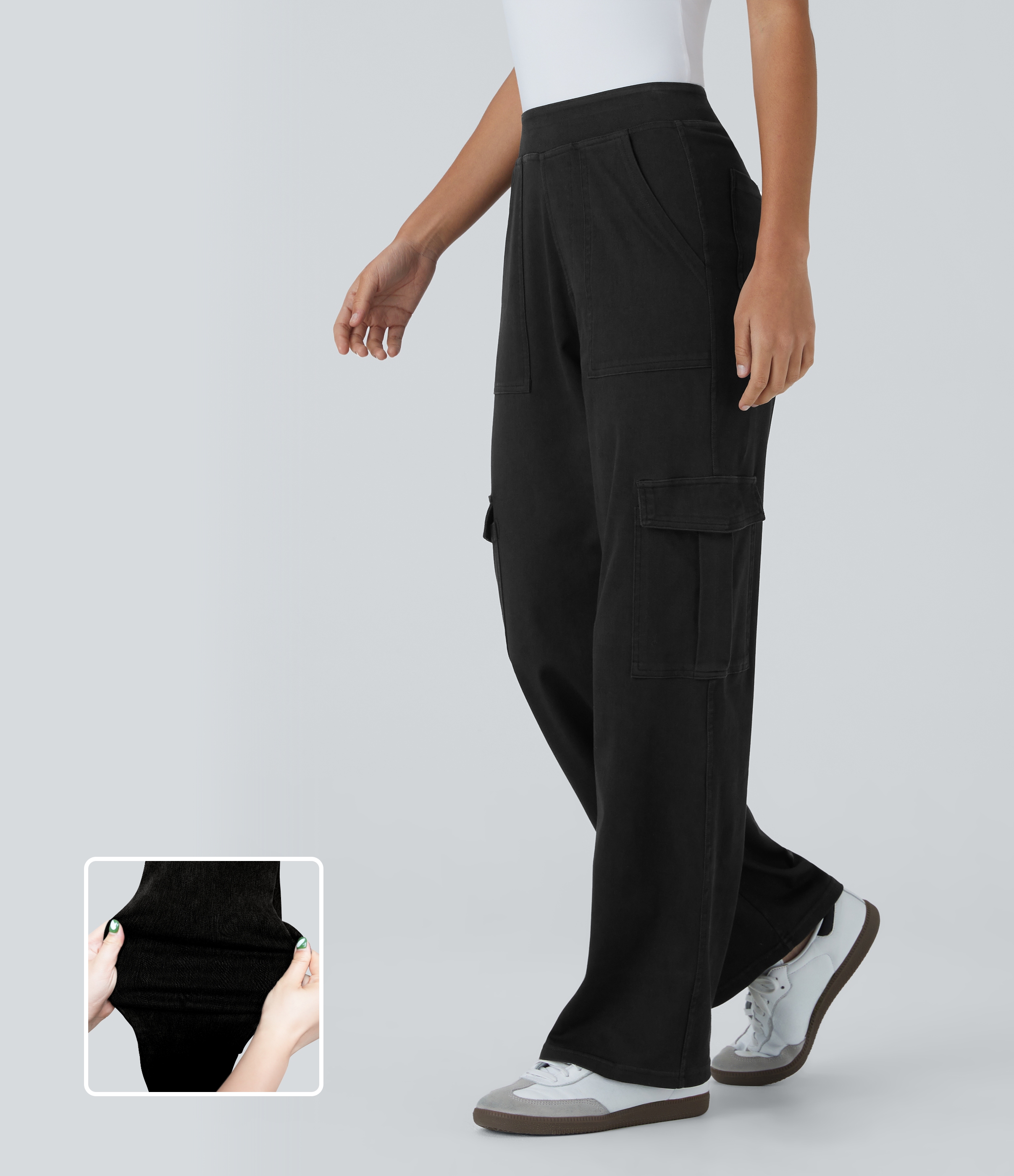 Halara Flex™ Mid Rise Pockets Straight Leg Casual Cargo Jeans — Black Denim by Halara
