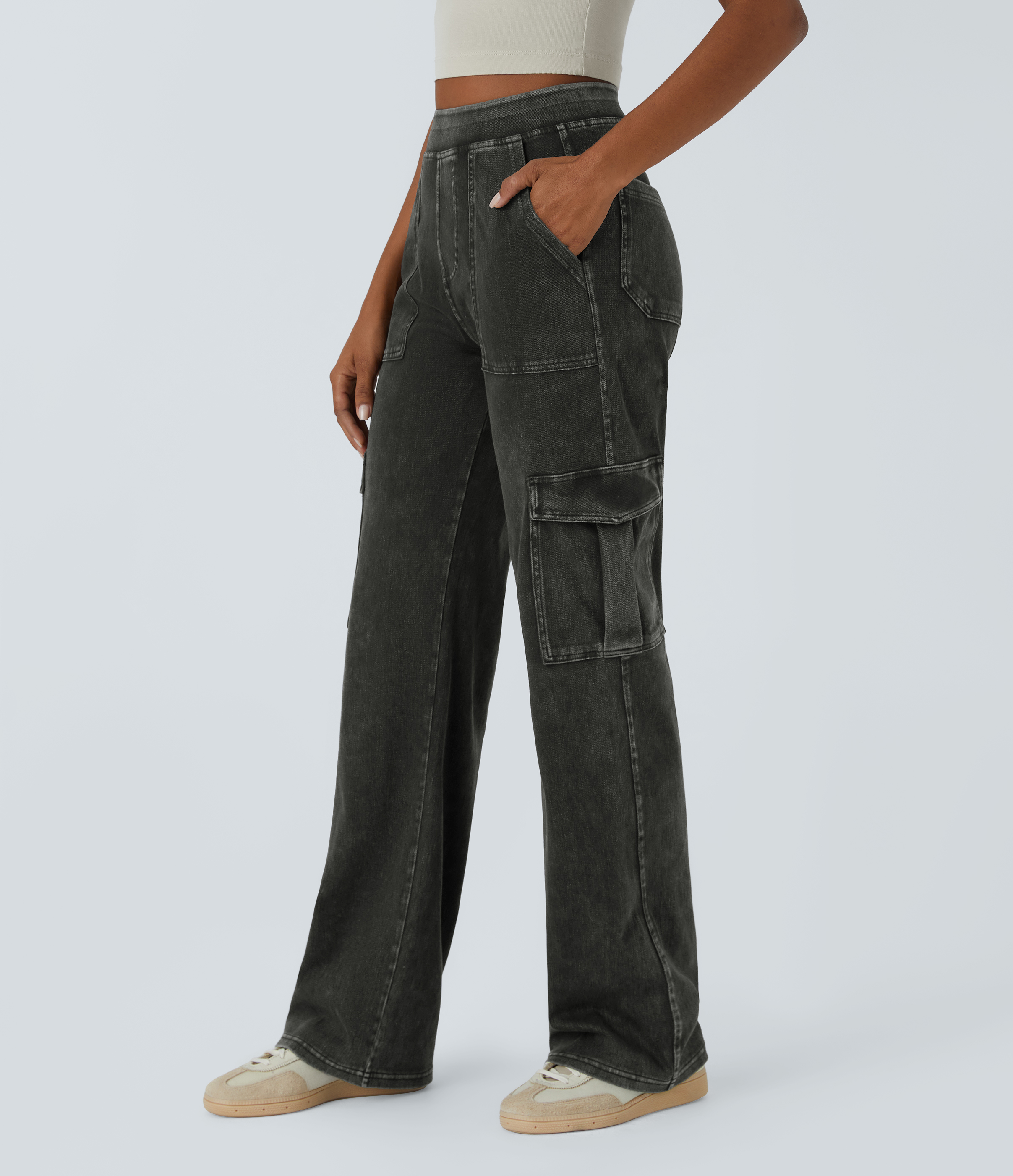 Halara Flex™ Mid Rise Pockets Straight Leg Casual Cargo Jeans — Hemp Rope Black Denim by Halara