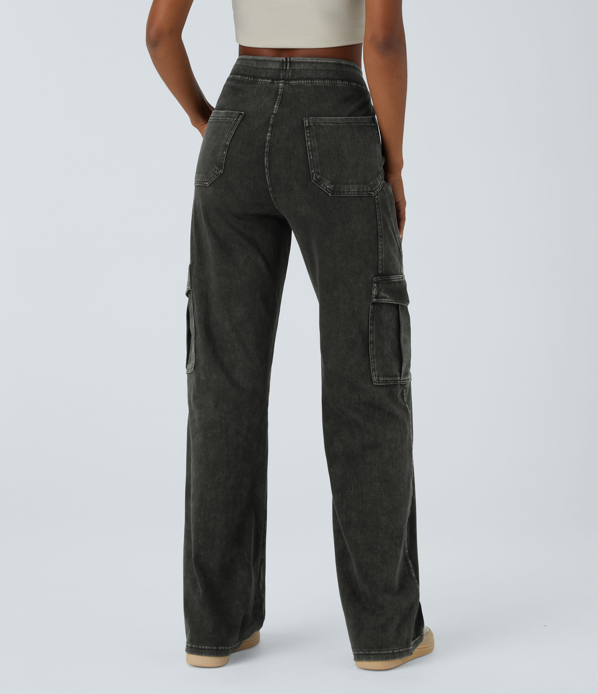 Hemp Rope Black Denim Halara Flex™ Mid Rise Pockets Straight Leg Casual Cargo Jeans / 2