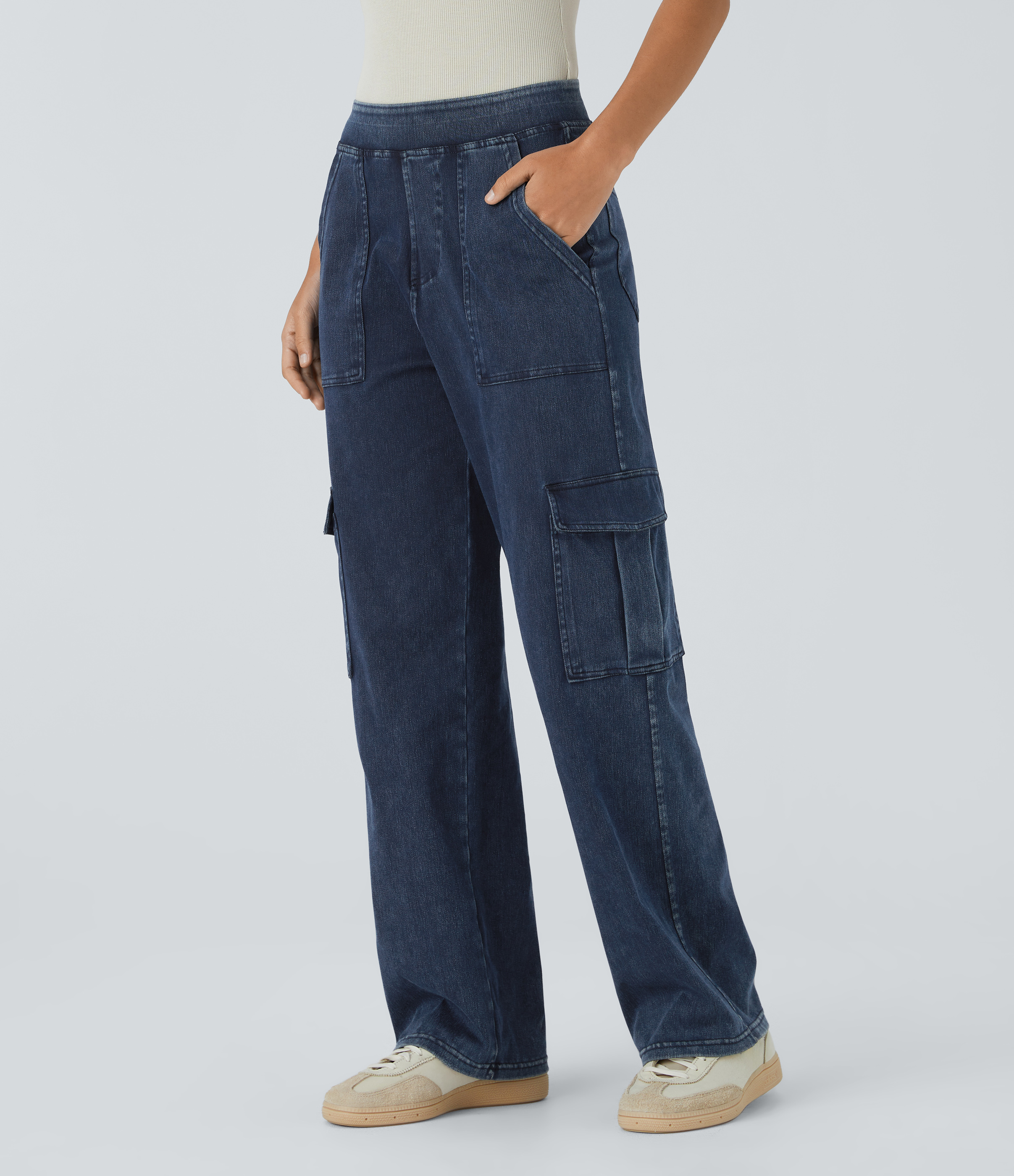 Halara Flex™ Mid Rise Pockets Straight Leg Casual Cargo Jeans — Washed Denim Navy Blue by Halara