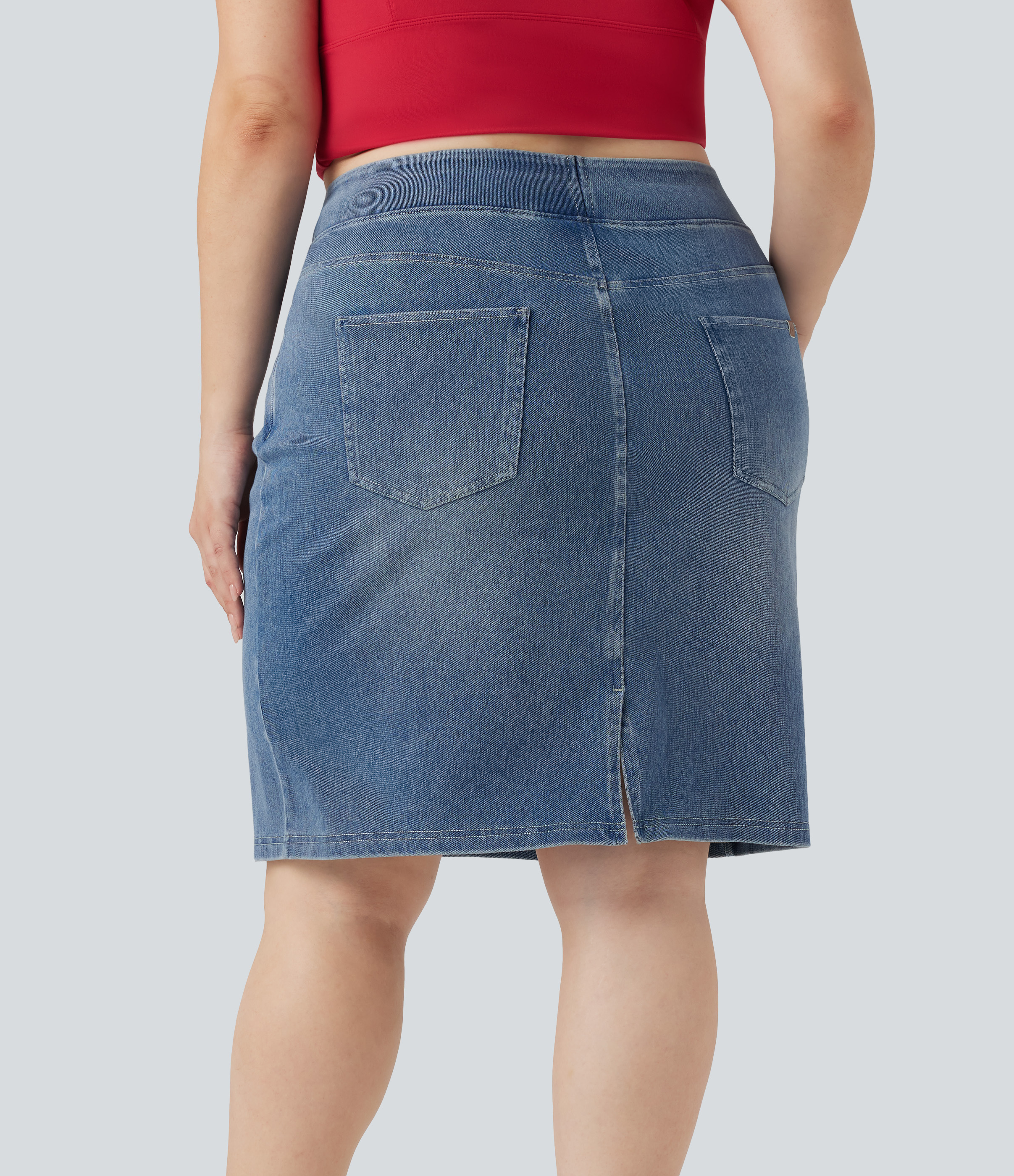Blue Gray Denim Falda casual Halara Flex™ de mezclilla lavada de tiro alto con bolsillos en tallas grandes / 2