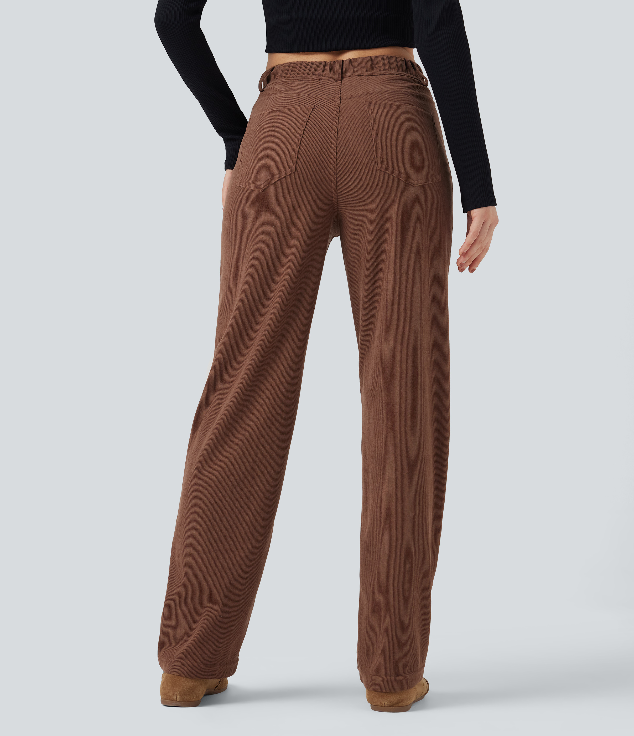 Demitasse High Waisted Tummy Control Corduroy Straight Leg Casual Trousers with Pockets / 2
