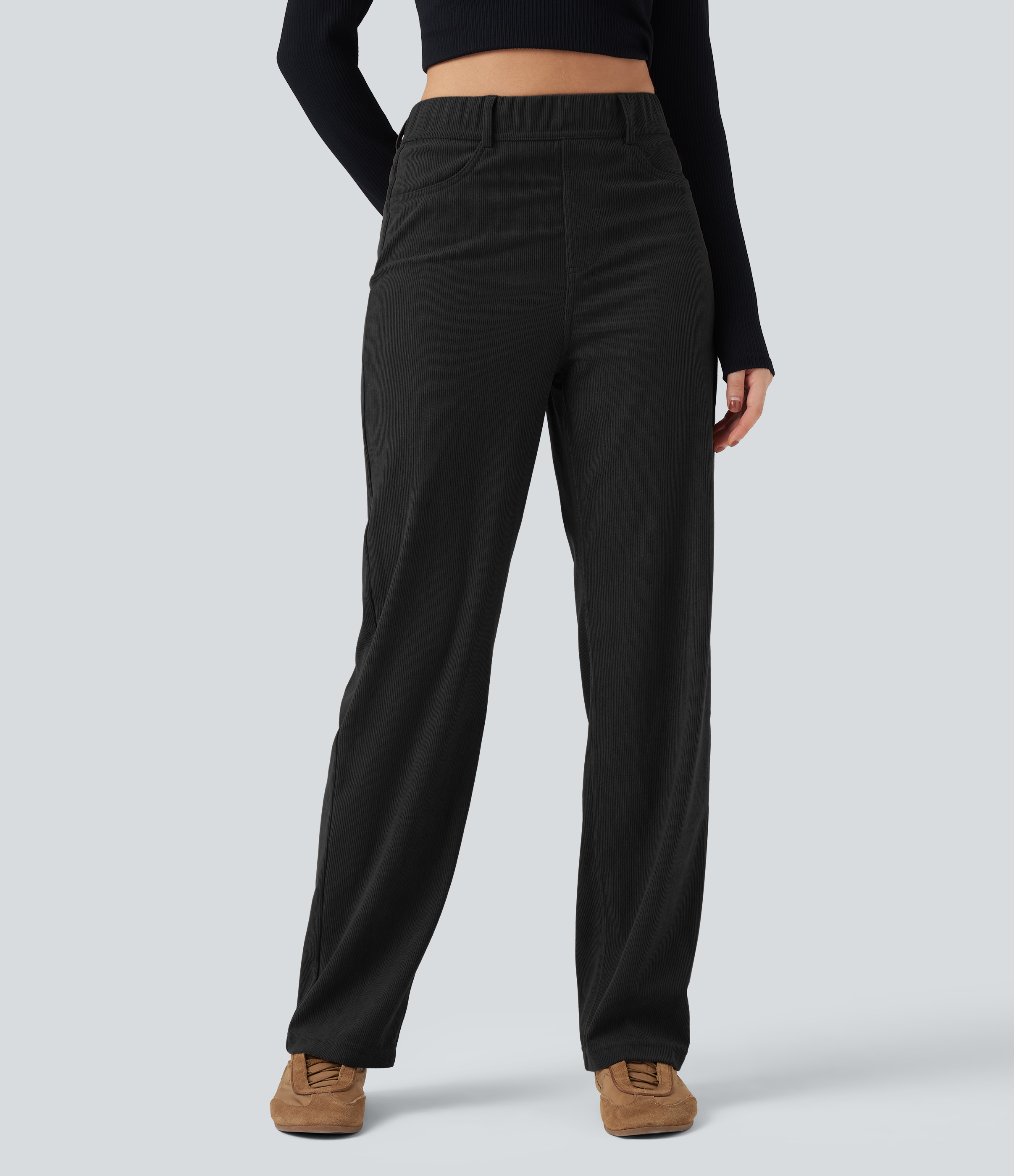 High Waisted Tummy Control Corduroy Straight Leg Casual Pants with Pockets