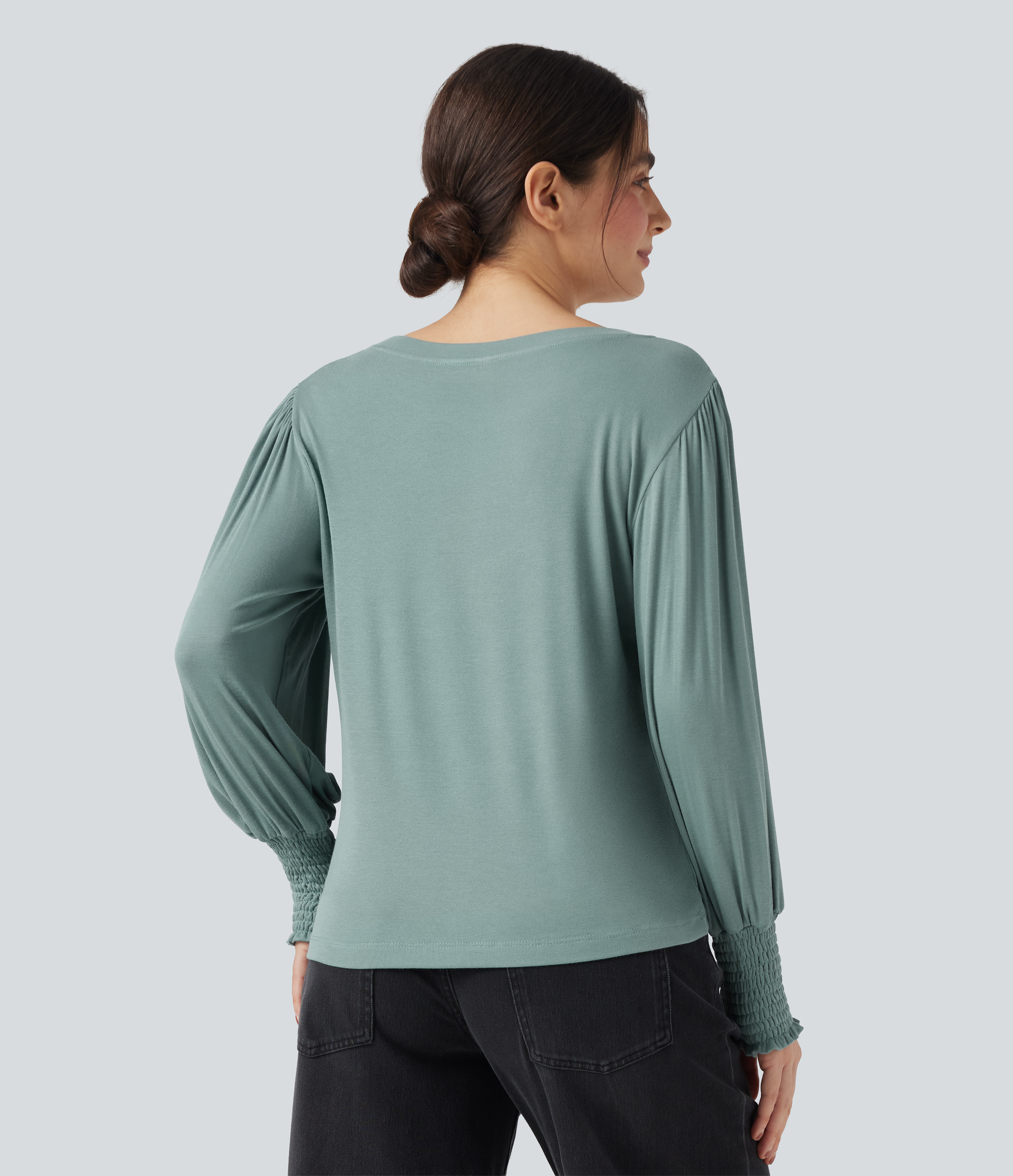 Morning Dew Green Top casual con cuello redondo y mangas abullonadas / 2