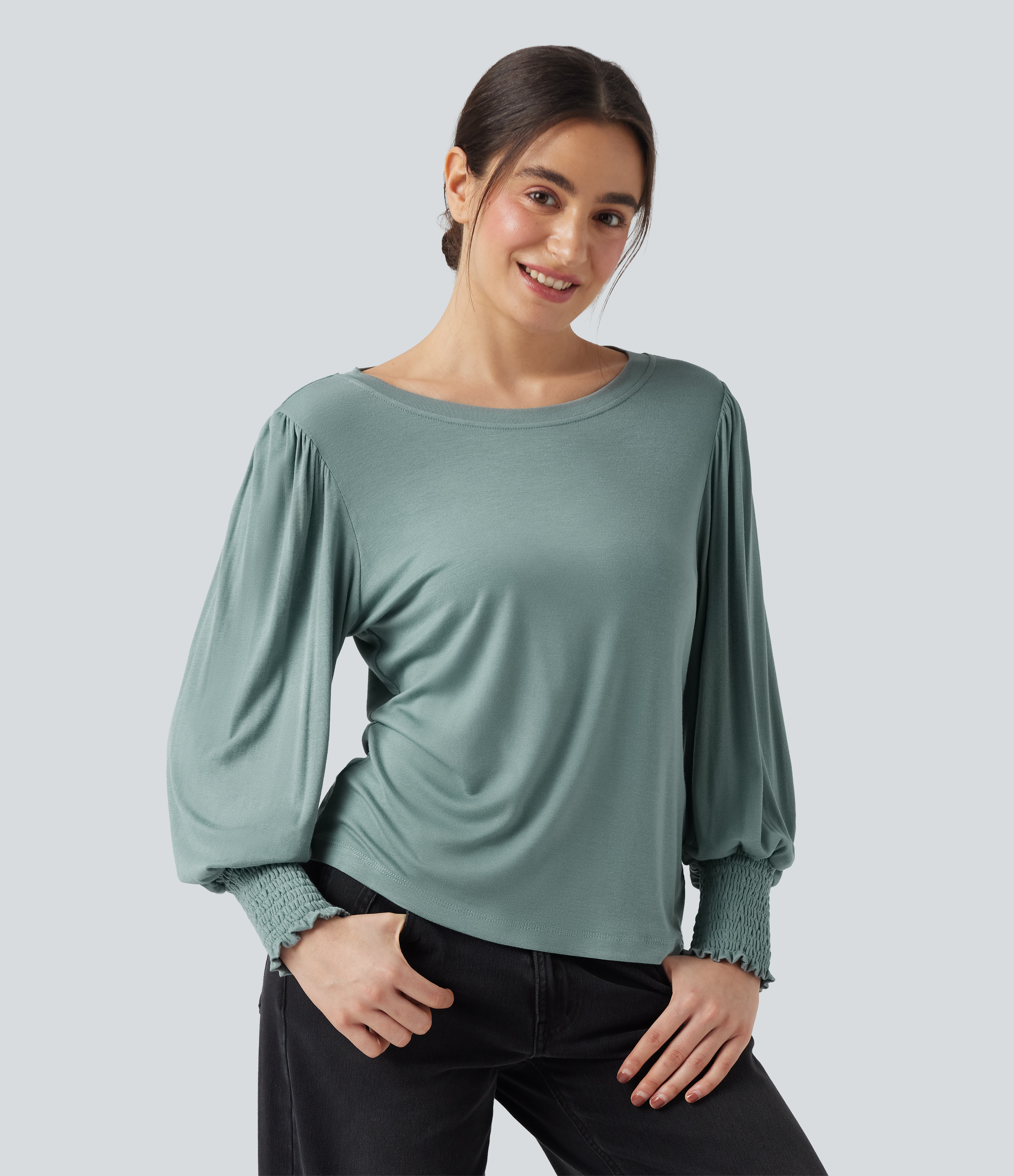 Crew Neck Puff Sleeve Casual Top