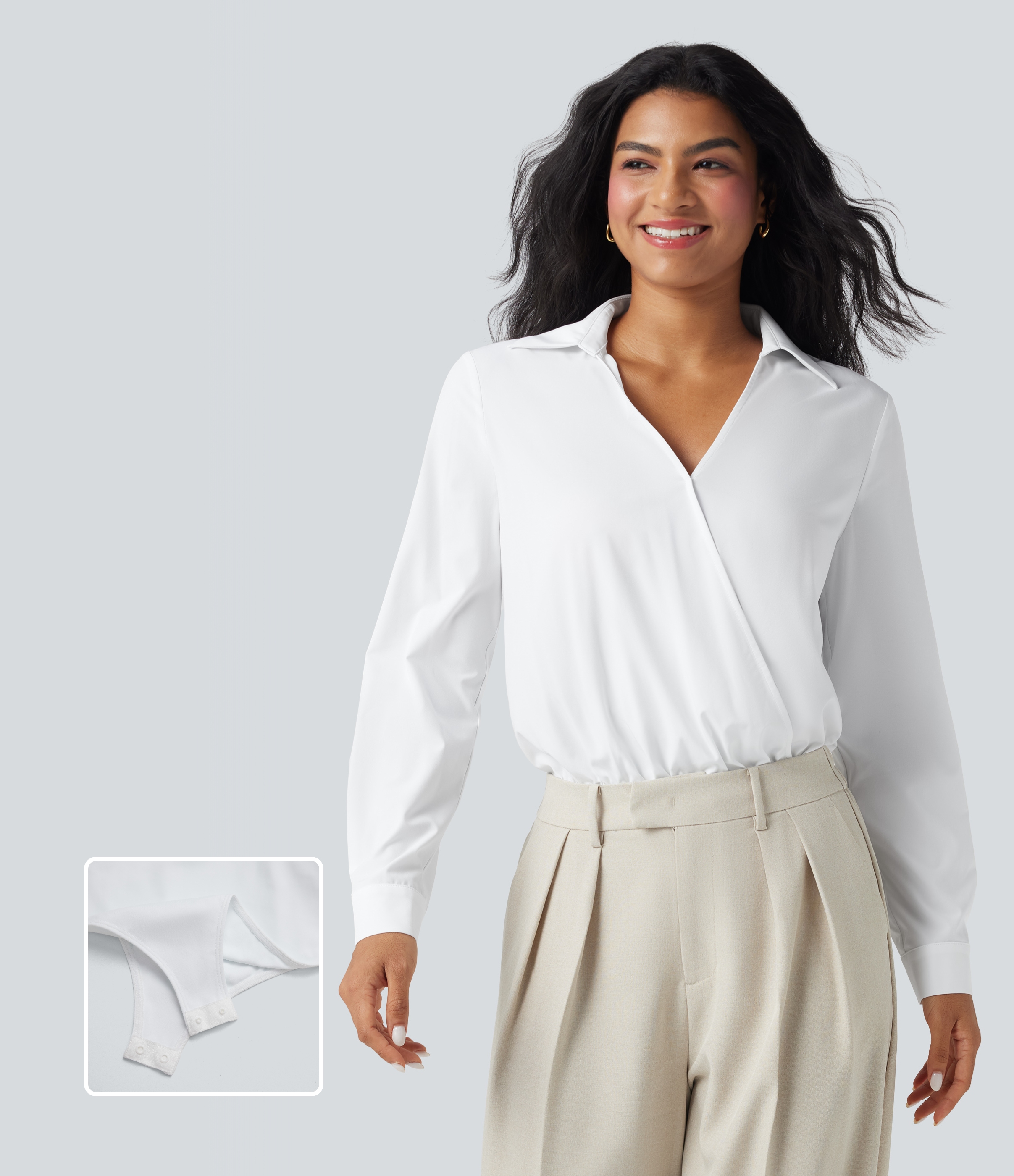 Blanco Body de oficina Breezeful™ de secado rápido de manga larga y cuello en V / 1
