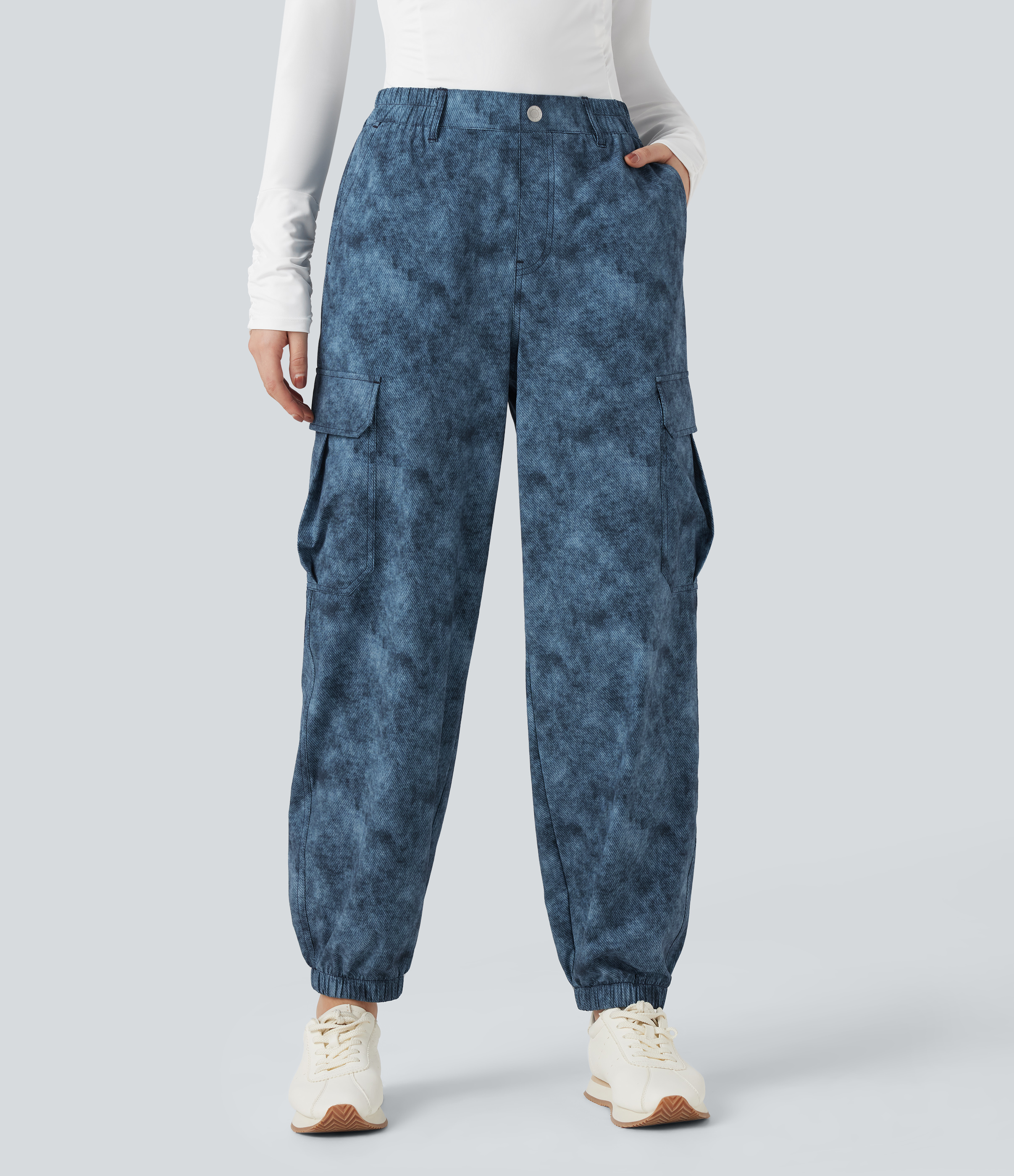 Mid Rise Denim Print Camping Cargo Joggers with Pockets
