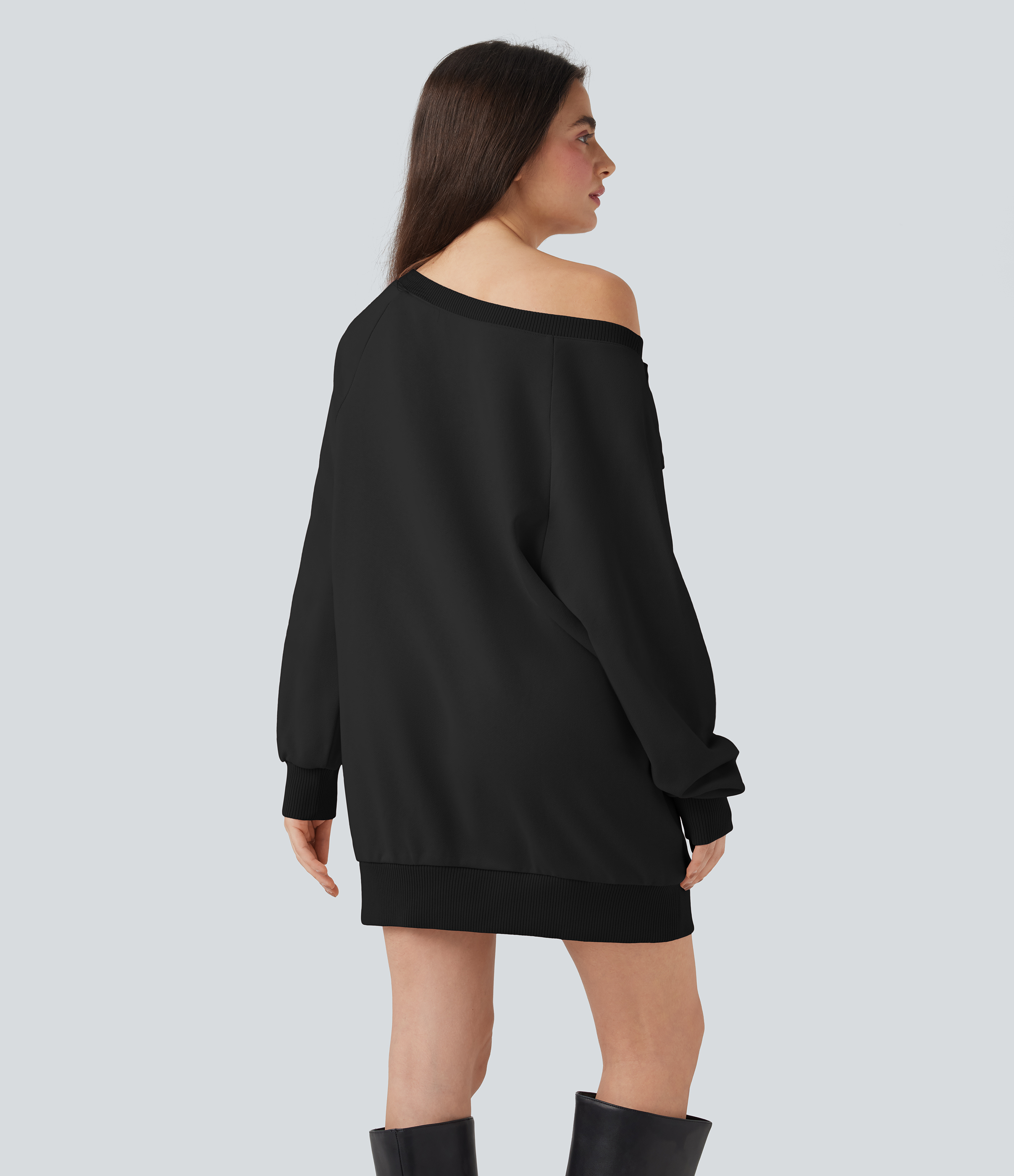 Noir Sweat-shirt coton col bateau nœud manches longues avec poches / 2