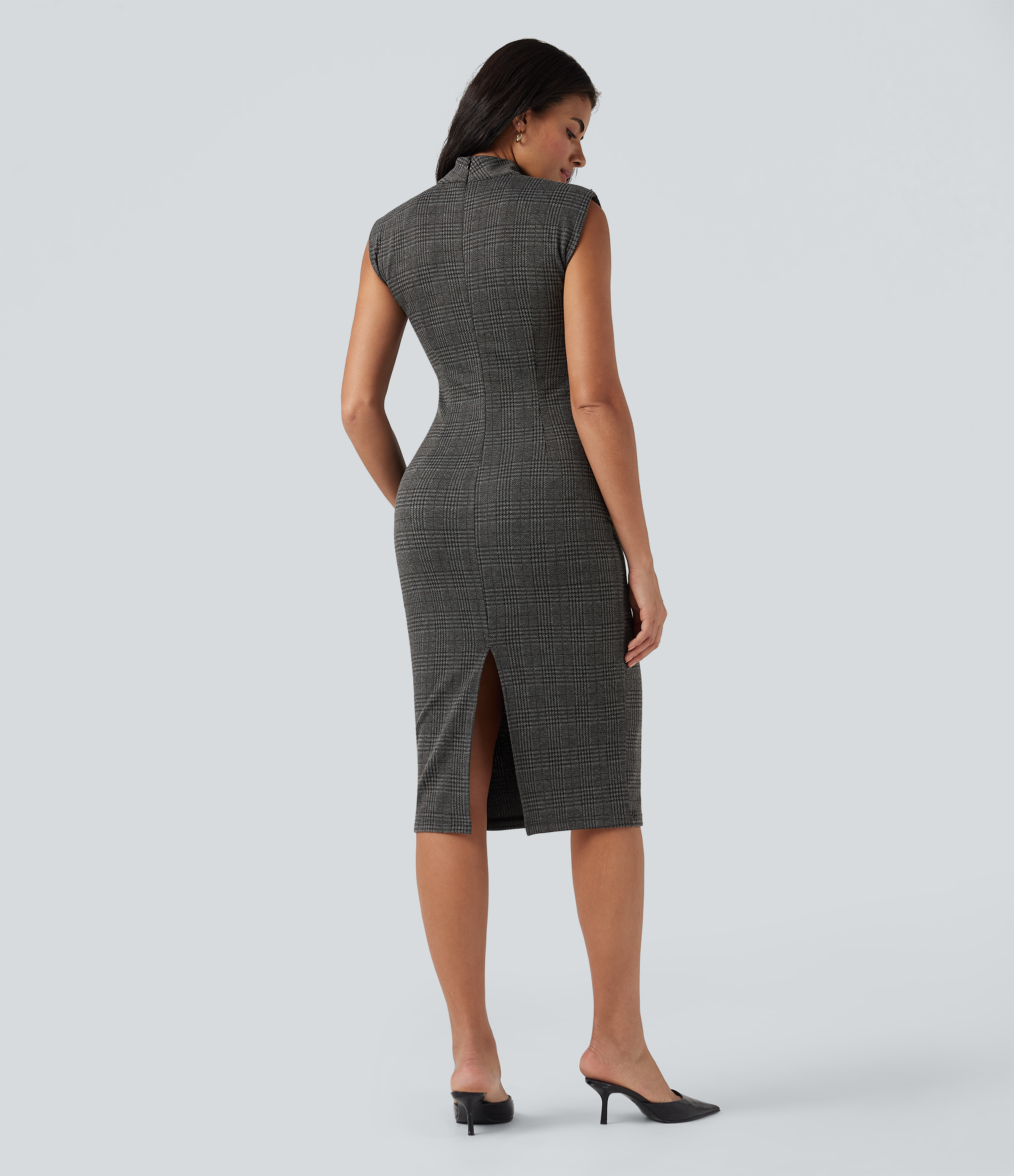 Charcoal Black Houndstooth Plaid Robe midi de travail moulante, sans manches, col montant, motif pied-de-poule / 2