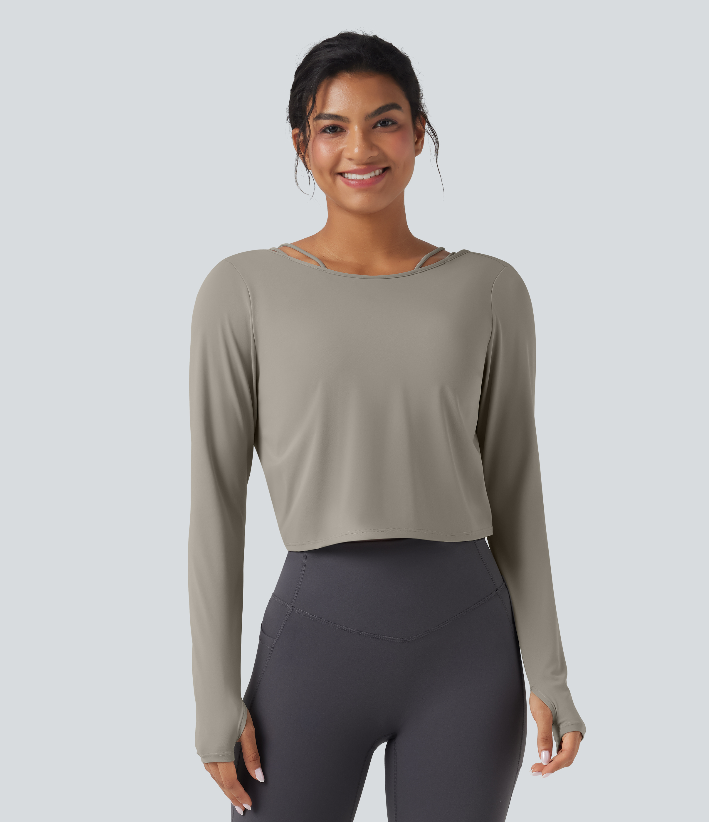 London Fog Top de sport yoga SoftlyZero™ QuickDry 2-en-1 dos nu torsadé manches longues avec trous pouces / 2