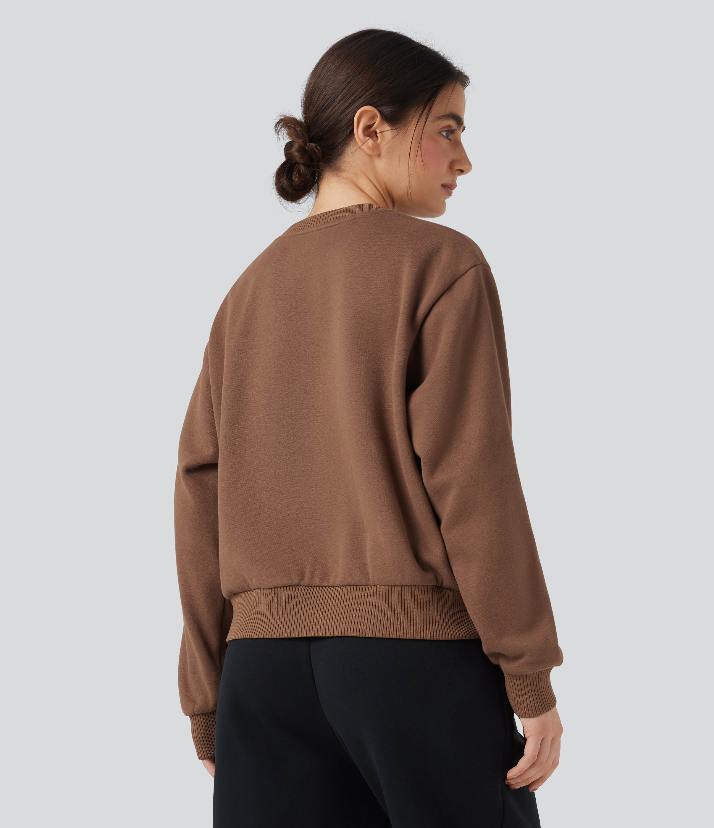 Pecan Pie Sudadera casual de algodón de manga larga con polar y cuello redondo con bolsillos / 2