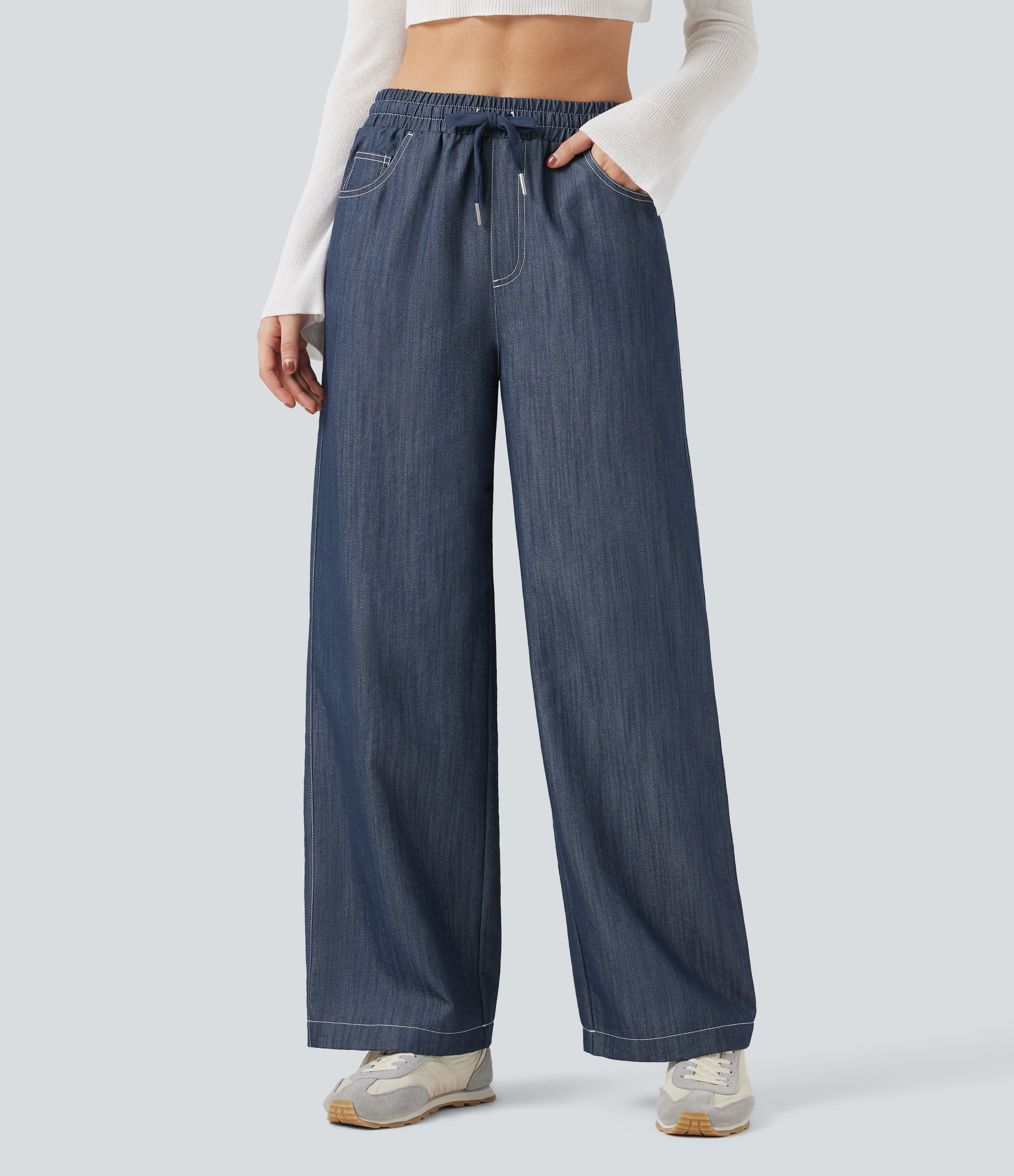 Slate Indigo High Waisted Drawstring Wide Leg Denim Like Casual Linen-Feel Pants with Pockets / 1