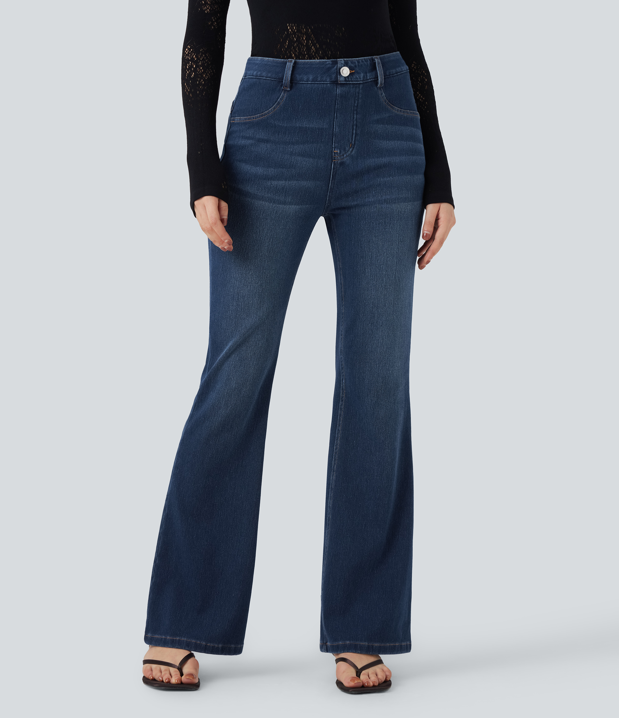 Tide Blue Denim Halara Flex™ High Waisted Tummy Control Butt Lifting Denim Casual Bootcut Leggings with Pockets / 2