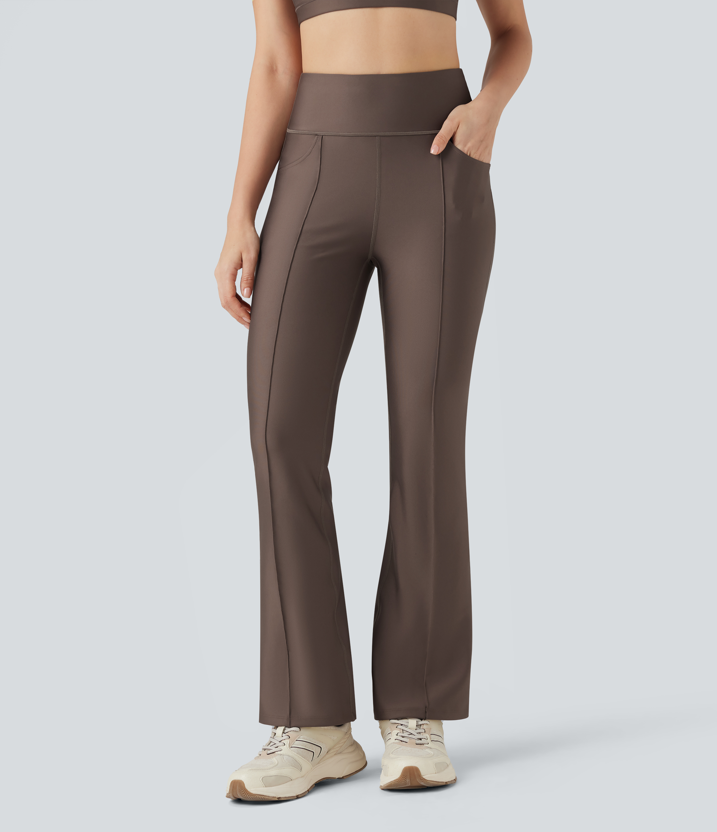 Hay Brown Reflexní, lesklé tréninkové legíny bootcut s vysokým pasem a kapsami / 2