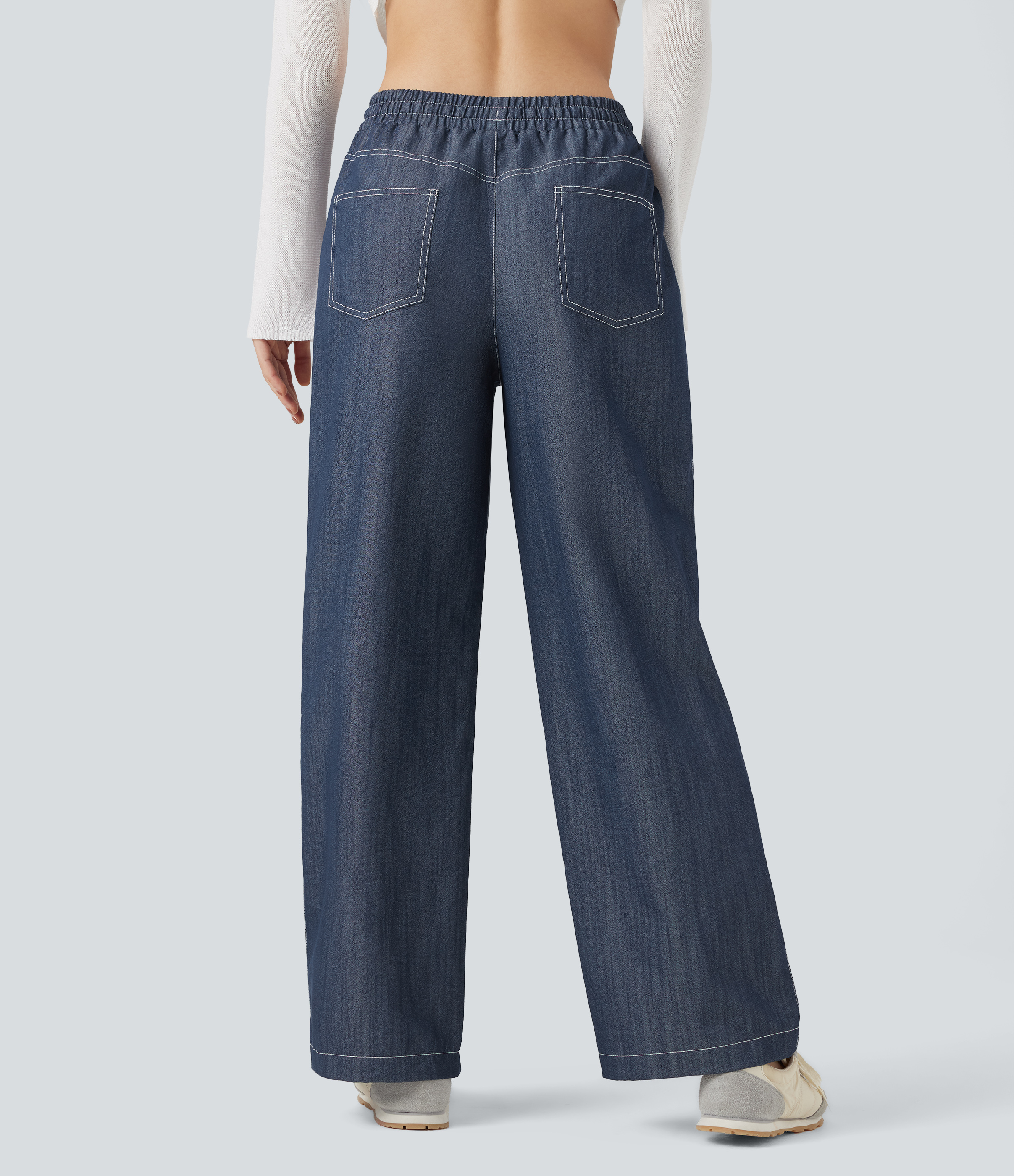 Slate Indigo Pantalones casuales anchos de mezclilla con tiro alto, cordón ajustable y tacto de lino resistentes a las arrugas con bolsillos / 2