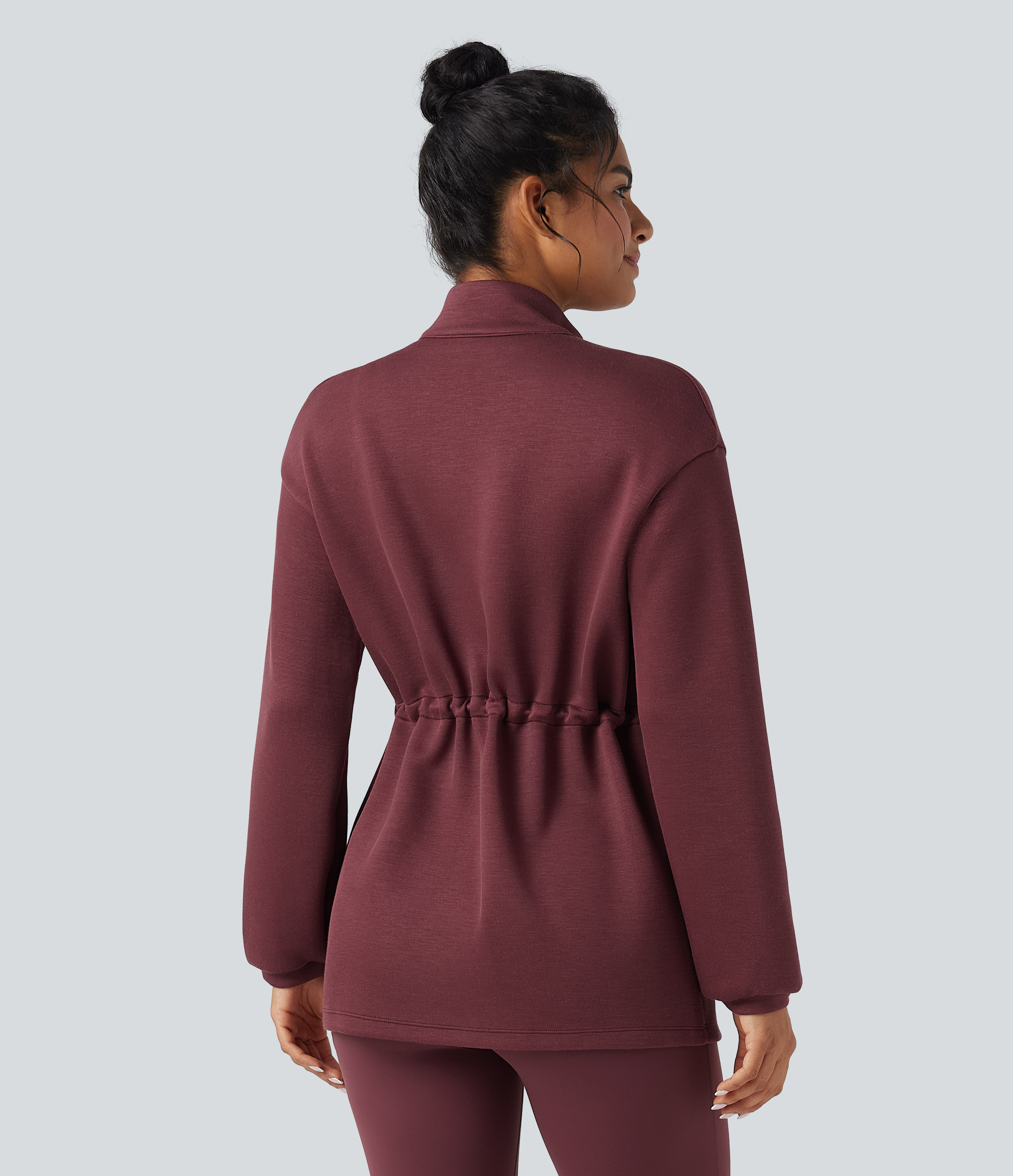 Oxblood Red Chamarra casual de cuello alto y manga larga con cordón y bolsillos / 2