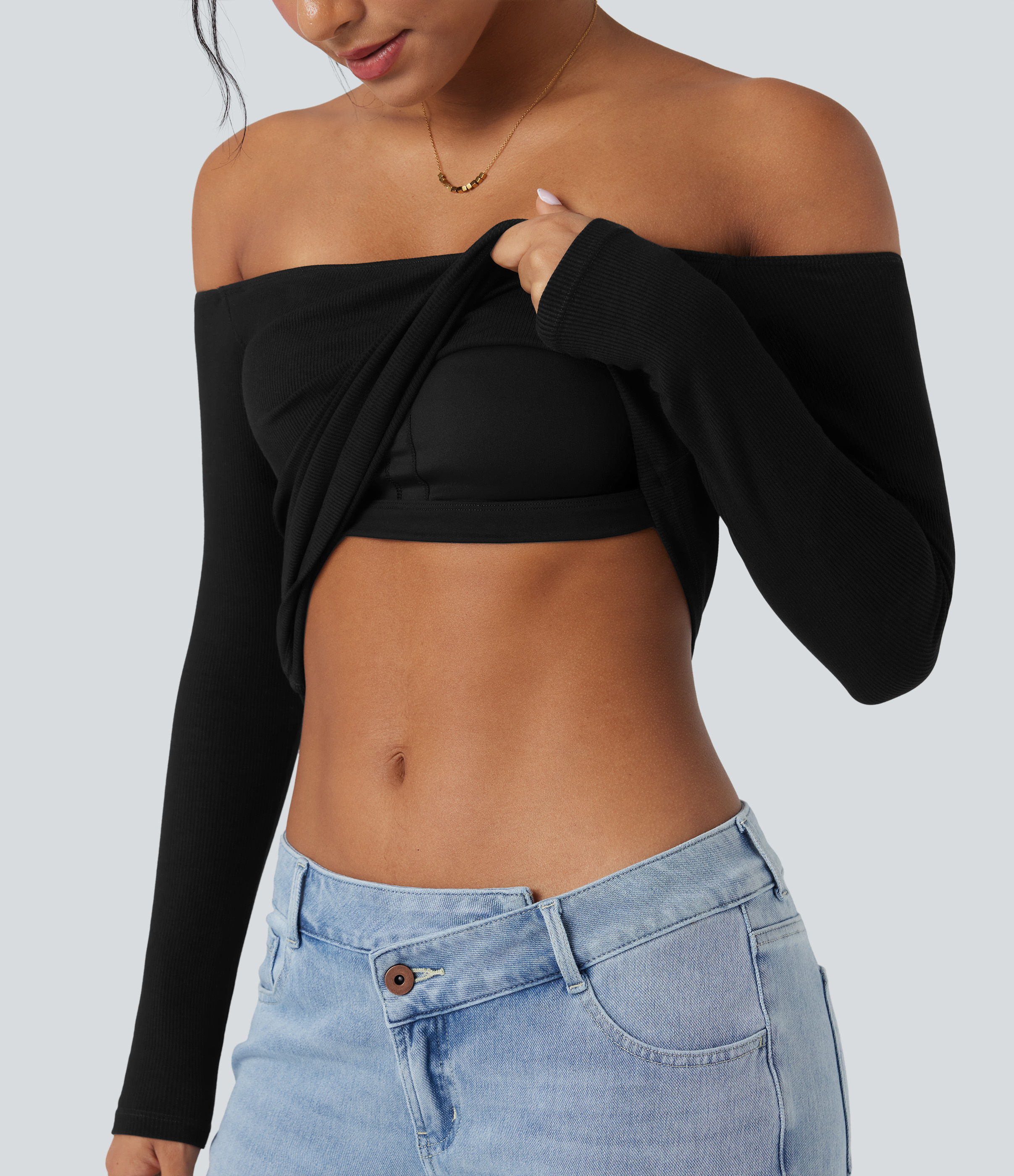 Haut décontracté 2-en-1 maille côtelée épaules dénudées manches longues