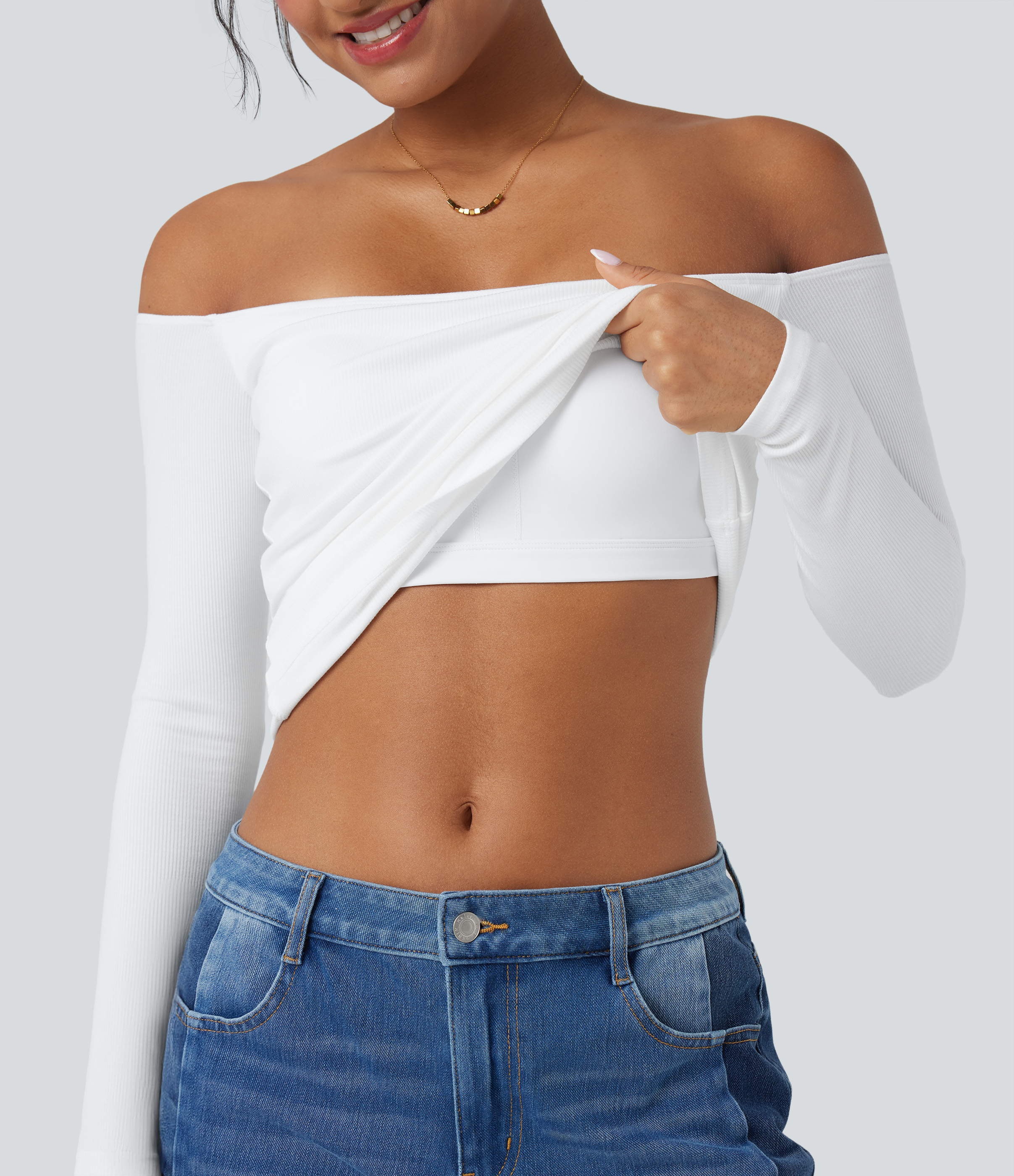 Ribbed Knit Off Shoulder Long Sleeve Women Built in bra Casual Crop Top