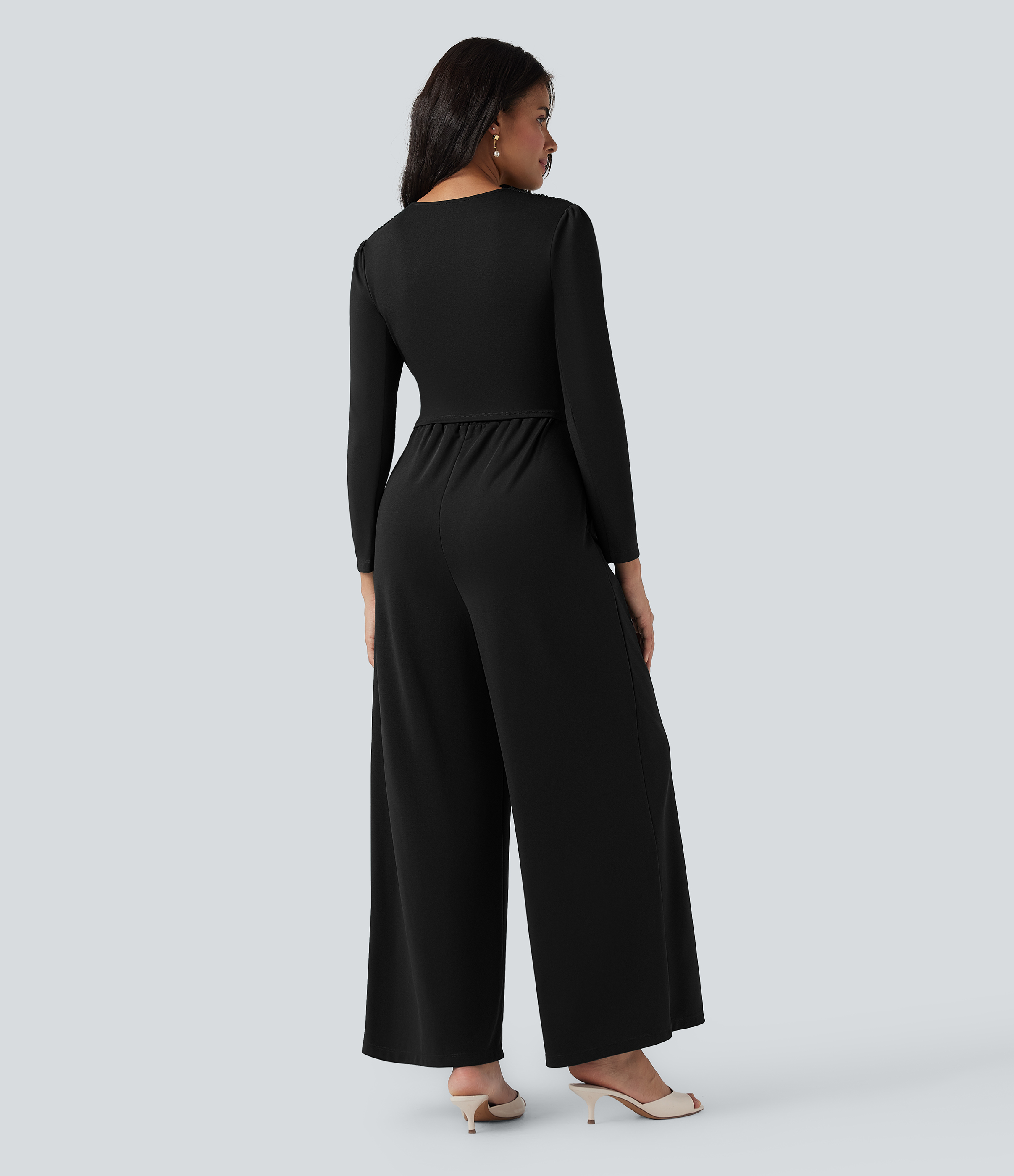 Black V Neck Long Sleeve Ruched Jumpsuit with Pockets-Easy Peezy Edition / 2