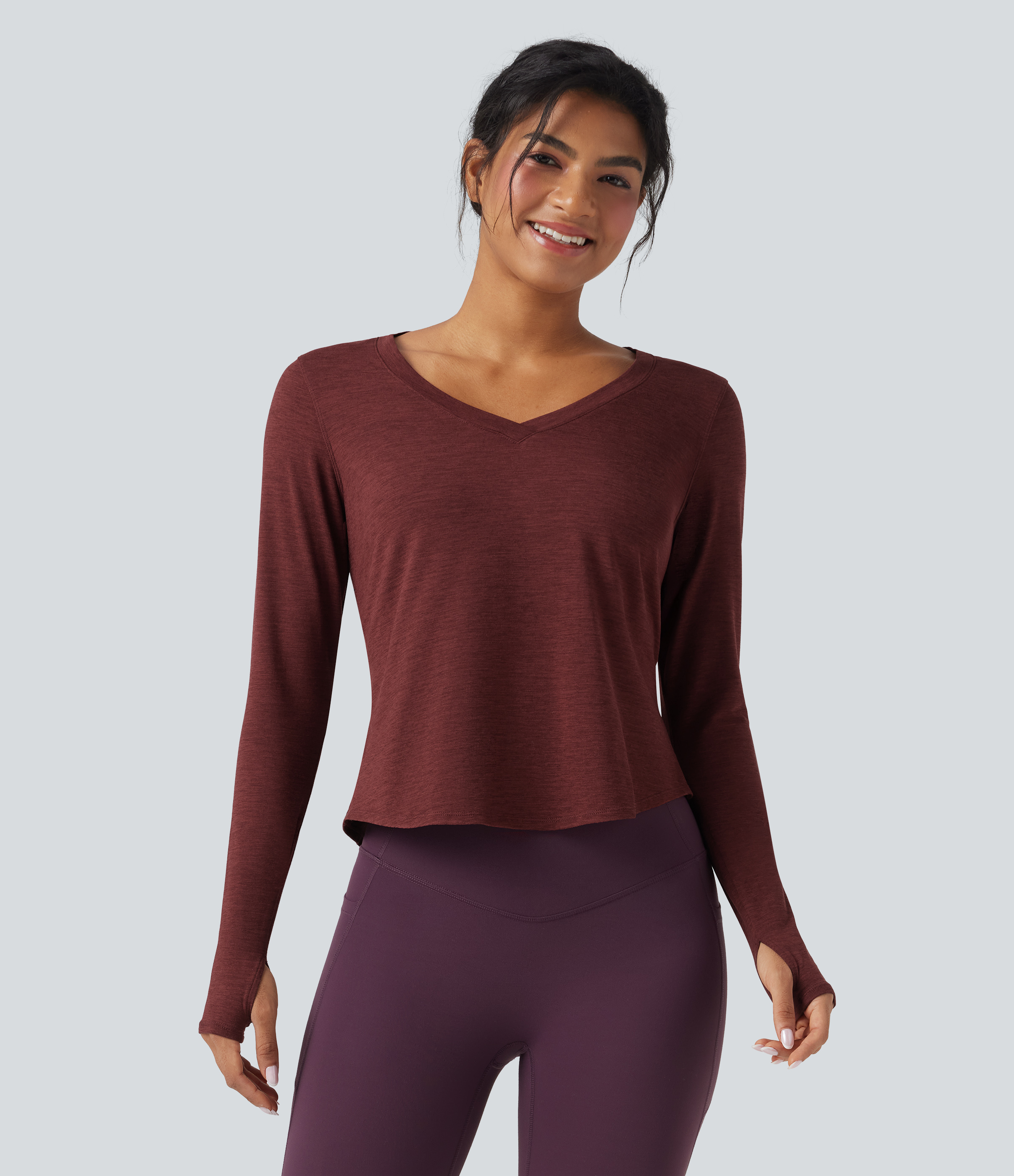 Mottled Sandalwood Red Top de sport yoga chiné col V manches longues avec trous pouces ourlet arrondi / 2